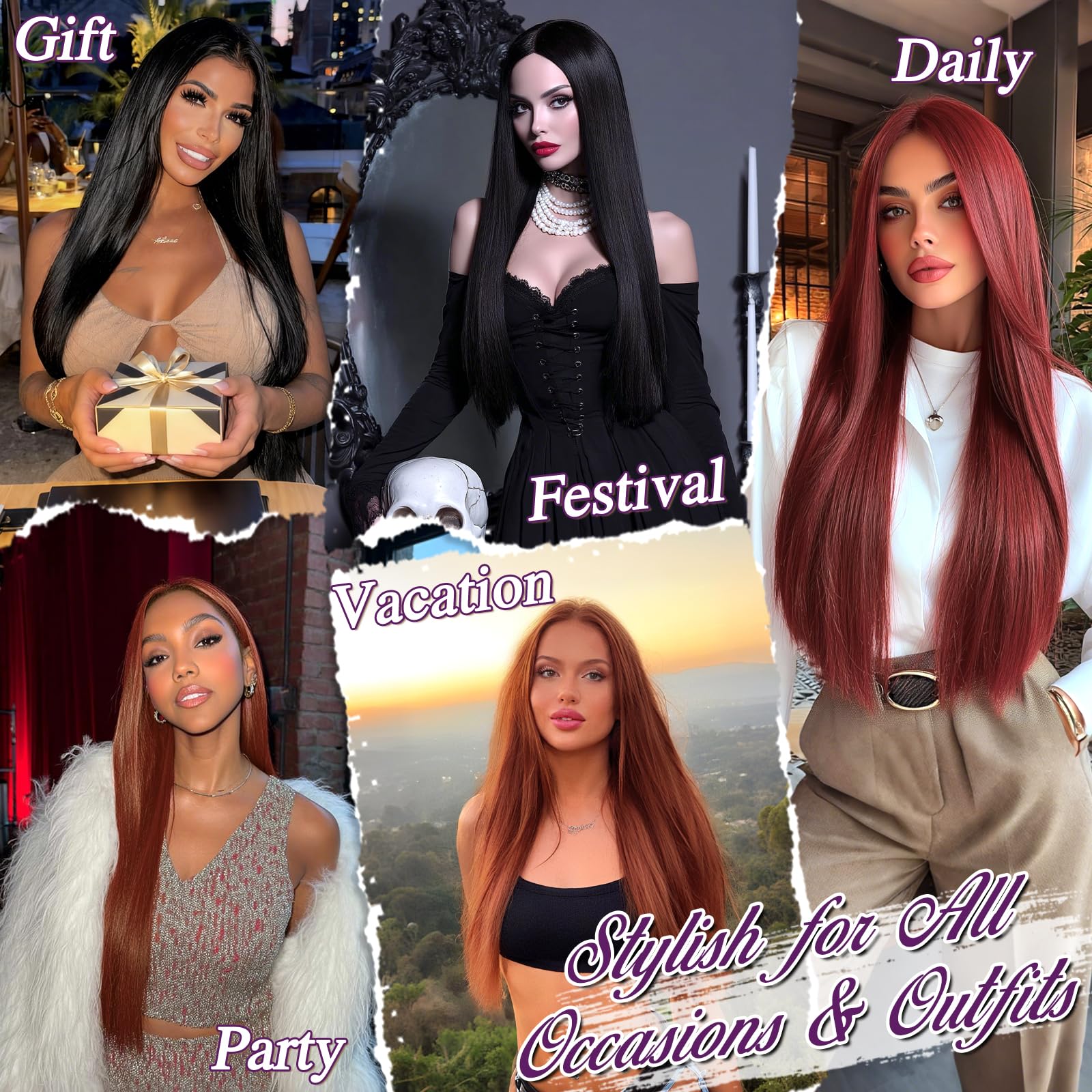 BARSDAR Lunga Lisci Marrone Scuro Parrucche, Lunga Lisci Parte Centrale Parrucca per Donna 71cm Dall'aspetto Naturale Sintetici Capelli Parrucca Partito Halloween Costumi Parrucche