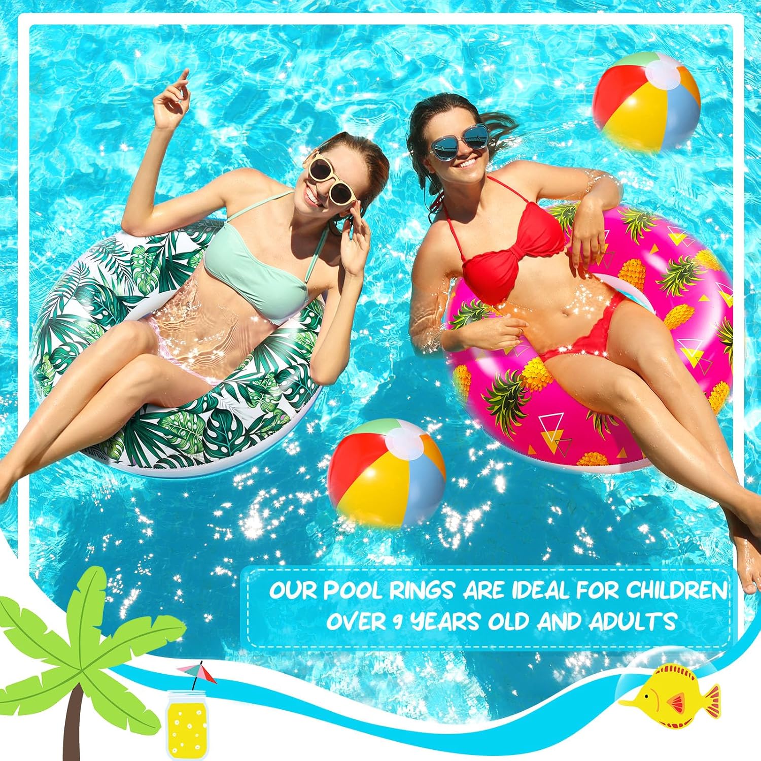 Realspring 18 Pcs Pool Floats 6 Pool Swim Tubes Rings 12 Beach Balls Swimming Inflatable Floaties Toys for Adults Beach Hawaiian Luau Party