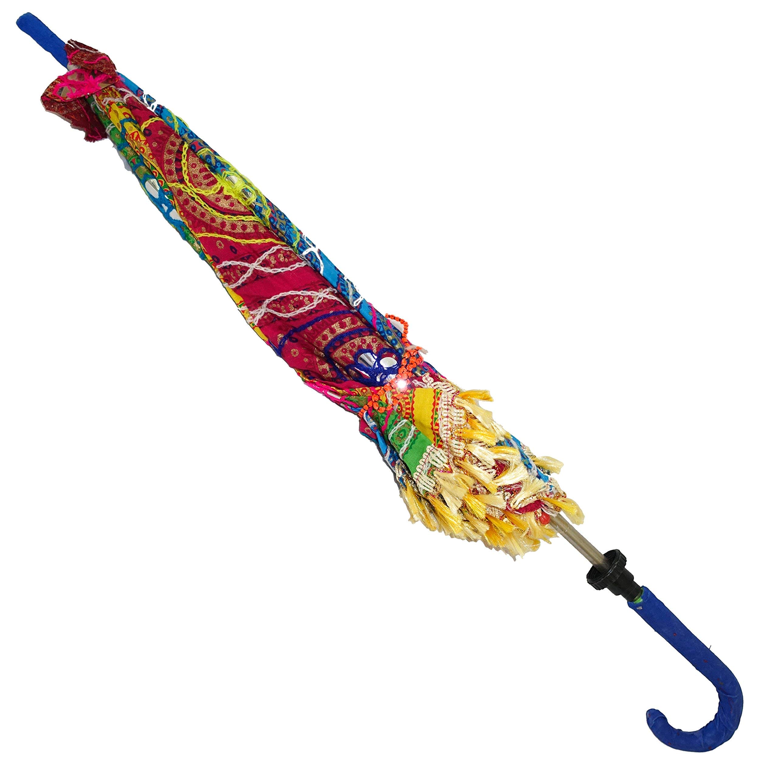 Bohemian Handmade Design, Cotton Multi Color Embrodiery Sun Umbrella Parasol 24 Inches (PINK, FOREST GREEN, CYAN, ORANGE)