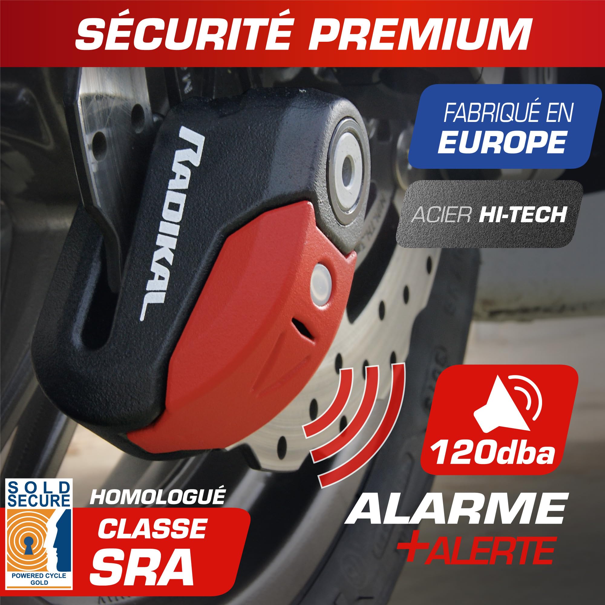 RADIKAL RK10 Antivol Moto Homologué SRA Bloque Disque | Alarme Premium 120dB, on/Off Activation, LED Alerte, Warning Pre-Alarm | Double Verrouillage Acier Cémenté 10mm, Bloc Sécurité Moto Scooter