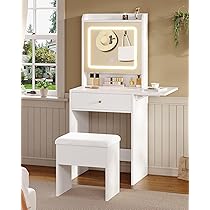 Toeletta Con Luci LED – Tavolo da Trucco Piccolo Con Sgabello, 3 Tonalità, Luminosità Regolabile, 1 Pannello Pieghevole, Specchio, Ripiani Regolabili, Bianco