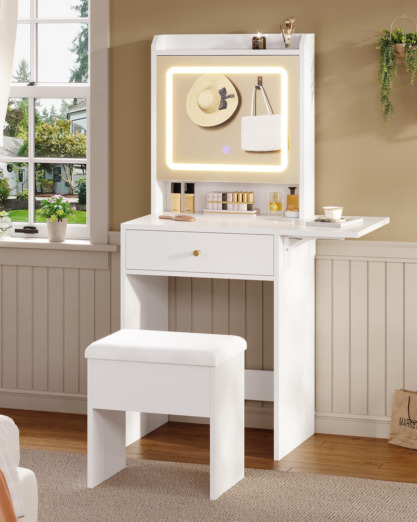 ML-Design Coiffeuse Moderne avec Miroir Pliable et Tabouret Noir, 60x40x122 cm, MDF Blanc, Table de Maquillage avec Plateau Rabattable, Grande d'Espace de Rangement, pour Chambre à Coucher et Dressing