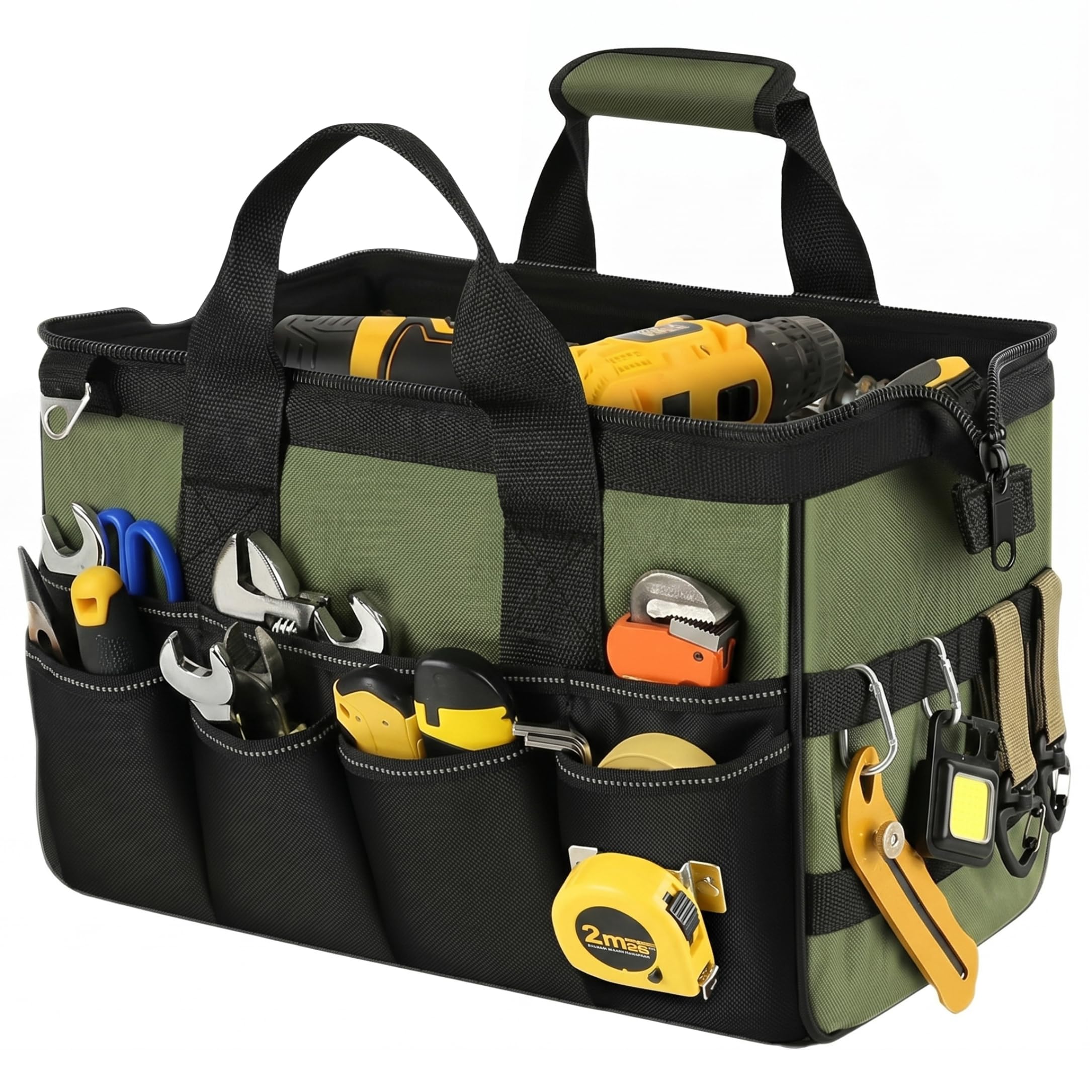 Heavy Duty Tool Bag, Large Tool Tote with 16 Organizer Pockets Adjustable Shoulder Strap & Handles for Woodworkers/Electricians/Professionals, 15in, Green Portable Toolbox Electrician Bag