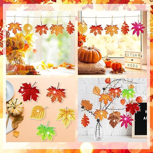 Miniatura 6 de Skylety 20 piezas de ornamento de diamantes de otoño, kit de llavero de arte de diamantes, bricolaje de otoño con hoja de arce, llavero de pintura