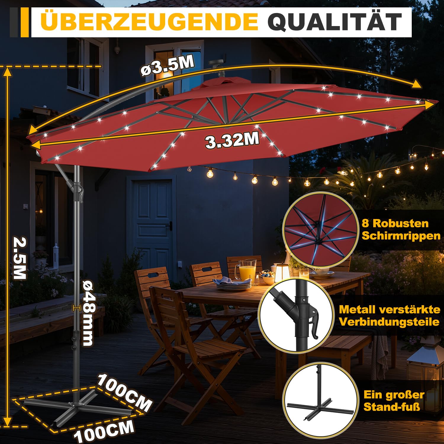 Parasol przeciwsłoneczny 300 cm, 350 cm, duży parasol przeciwsłoneczny do ogrodu i na taras, ochrona przed promieniowaniem UV 50+, parasol ogrodowy z korbą i nóżką krzyżową, opcjonalnie z