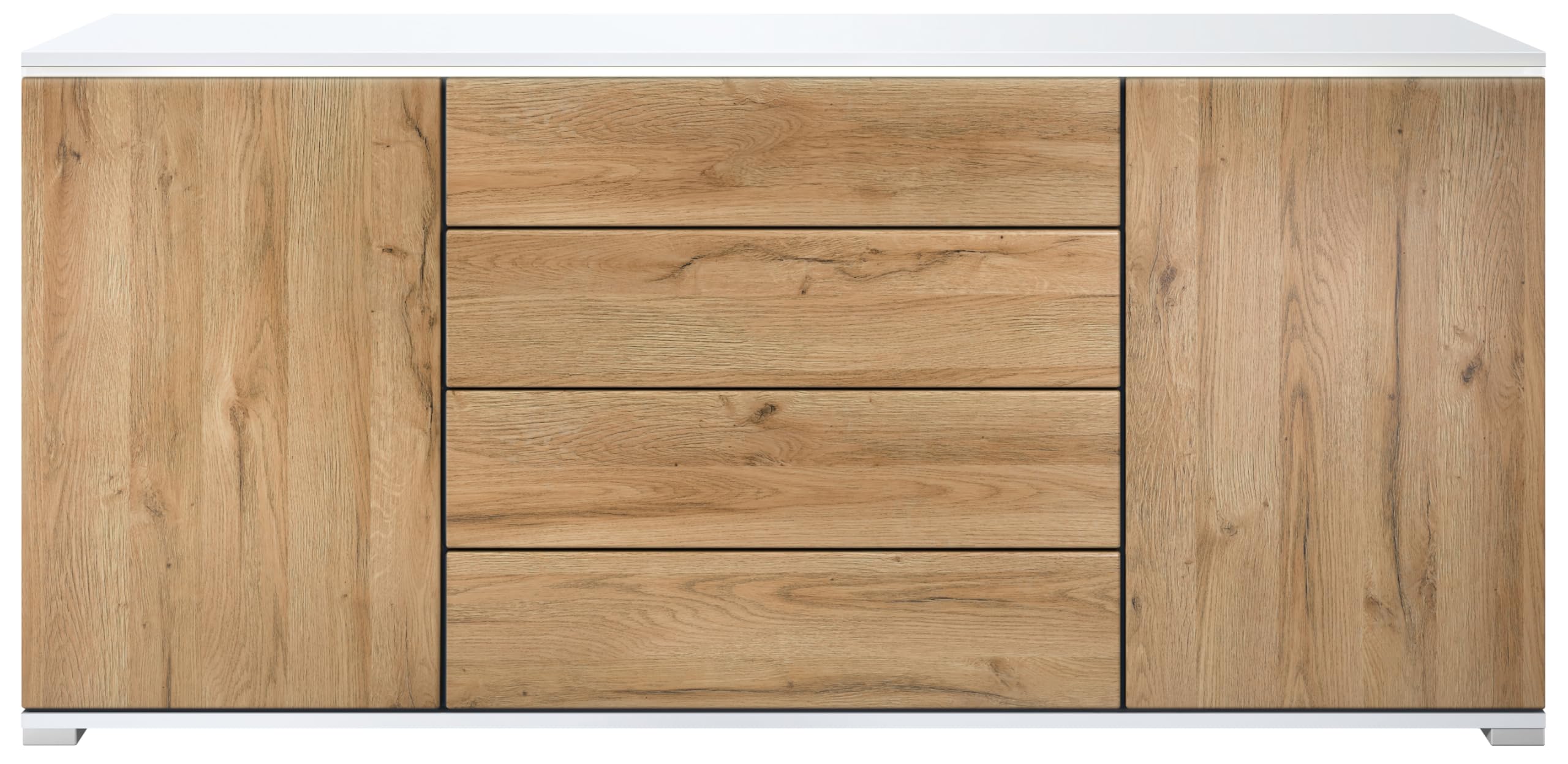 Vladon Sideboard Faro V2 - Kommode mit 2 Türen & 4 Schubladen, Schrank mit LED Lichtleiste, Weiß matt/Eiche Natur (166,5 x 75,5 x 35)