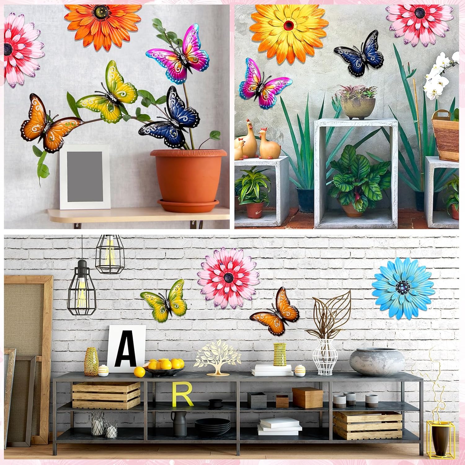 Gisafai 10 Pack Metal Flowers Wall Decor Outdoor, 3D Metal Daisy & Butterfly Fence Decor Wall Art for Garden Patio Backyard Balcony, Colorful Housewarming Birthday Mother's Day Gift(Classic)