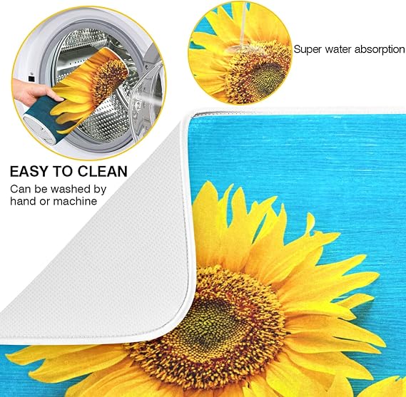 Absorbent Dish Drying Mat for Kitchen Counter - Blue Sunflower Country Style Microfiber Drying Pad, Reversible Drainer Mats for Countertop, Medium 16 x 18 inch