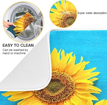 Absorbent Dish Drying Mat for Kitchen Counter - Blue Sunflower Country Style Microfiber Drying Pad, Reversible Drainer Mats for Countertop, Medium 16 x 18 inch