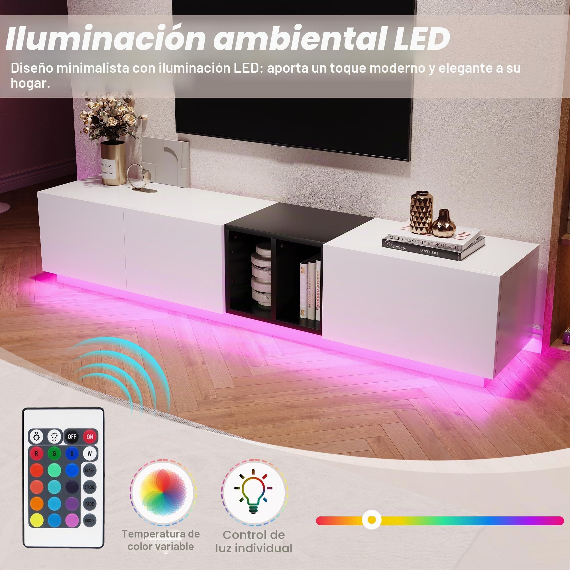 Azkoeesy Mueble de TV con iluminación LED de 190 cm, con cajón y puerta de armario, mueble de TV para salón, color blanco y negro (190 x 40 x 35 cm)
