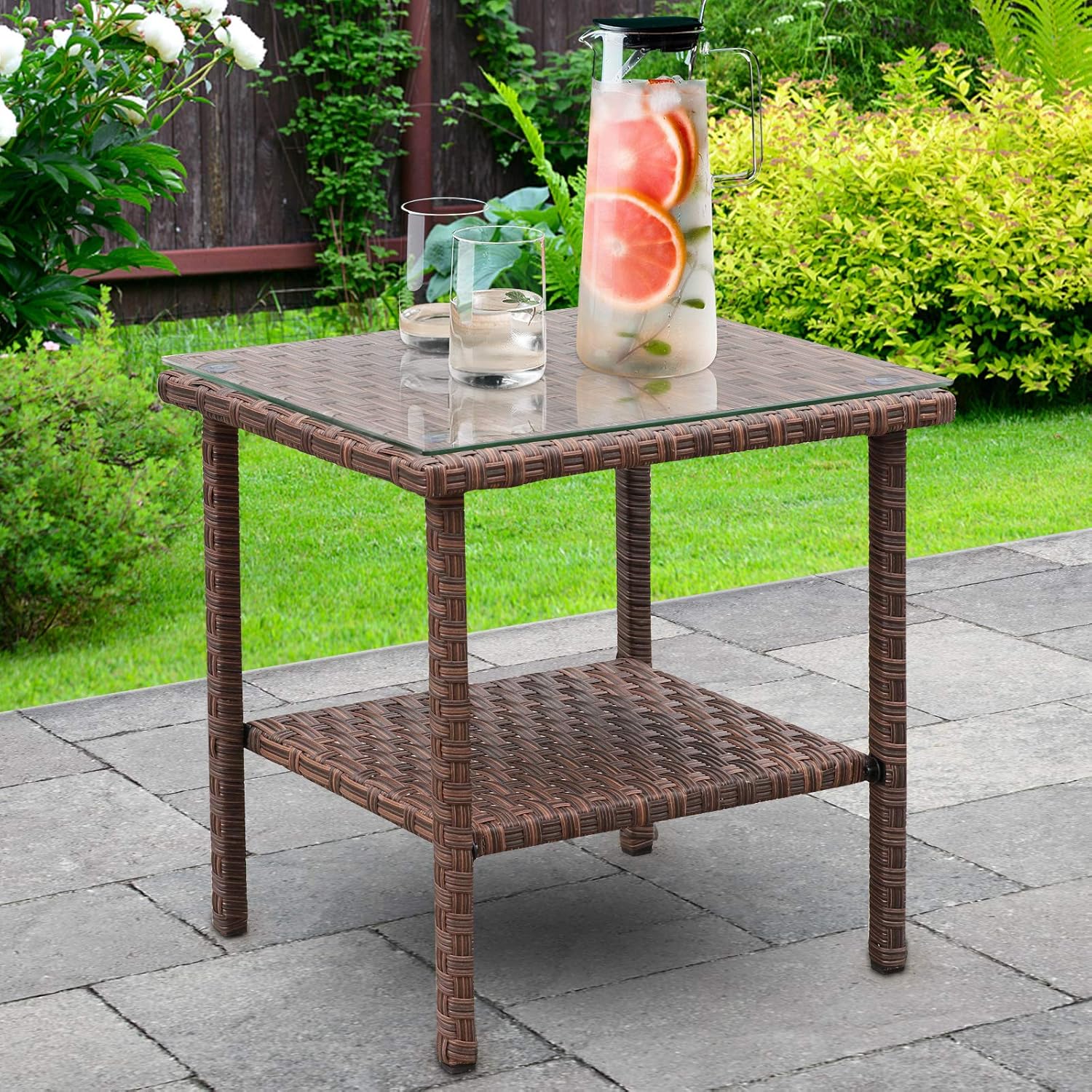 Valita Los Angeles Mall Patio PE Wicker Side Table Resin Rattan Top