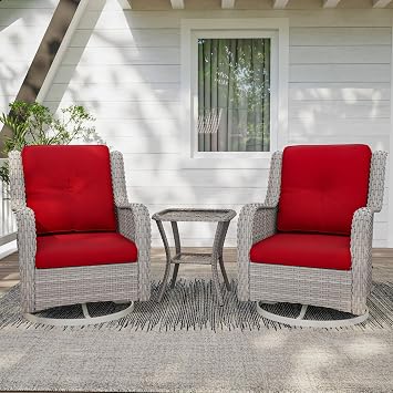 3 Pieces Outdoor Furniture Set - Patio Wicker Swivel Rocker Chair Set of 2 and 1 Side Table, Red, Beige Wicker Rattan, Suitable for Porch, Yard