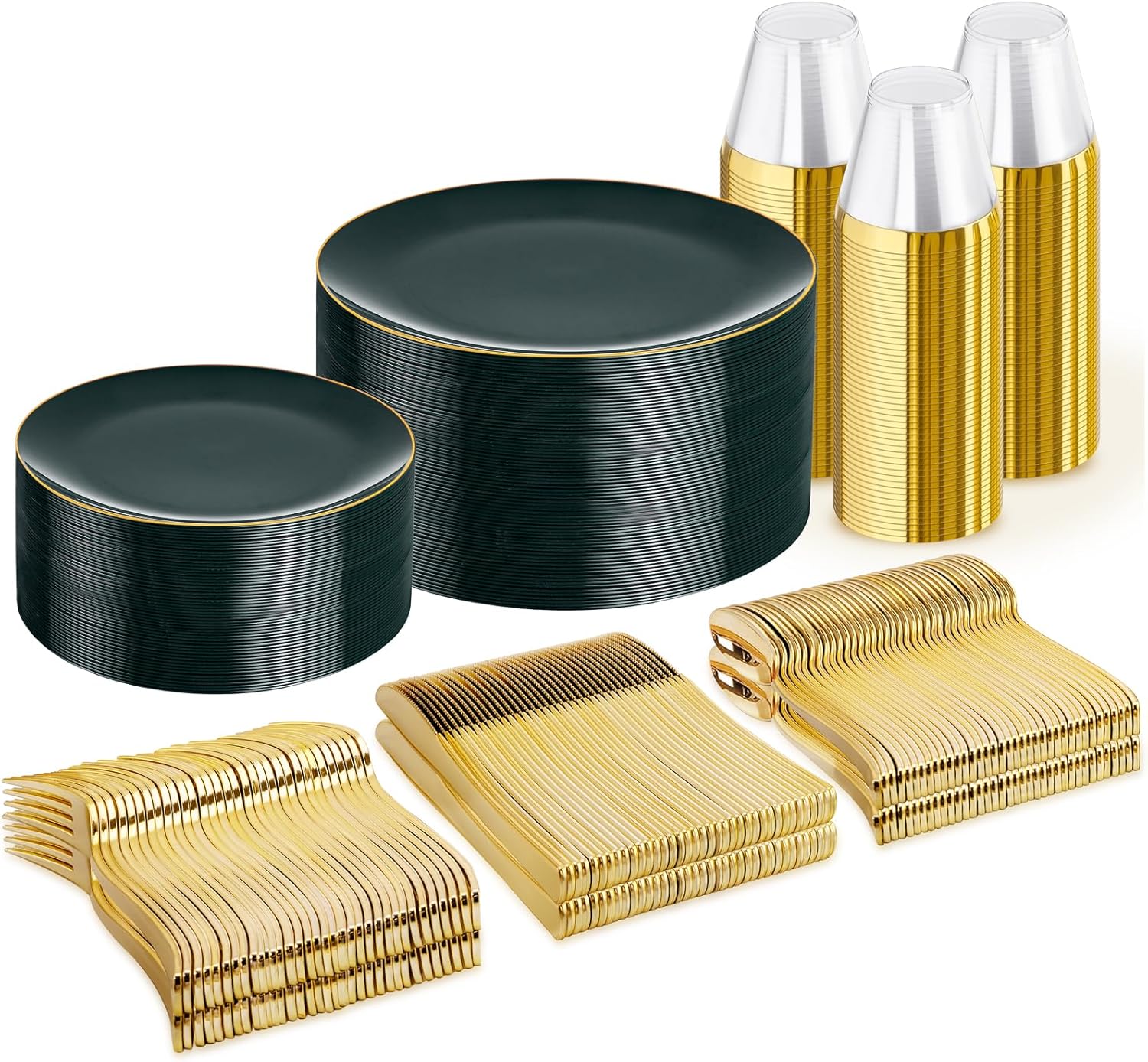 WDF 300Pcs Green Plates Disposable - Heavy Duty Green Plates - 50Guest Green Plastic Dinnerware Include 50 Dinner Plate, 50 Dessert Plate, 150 Cutlery & 50 9oz Cups for Parties/Wedding/Party