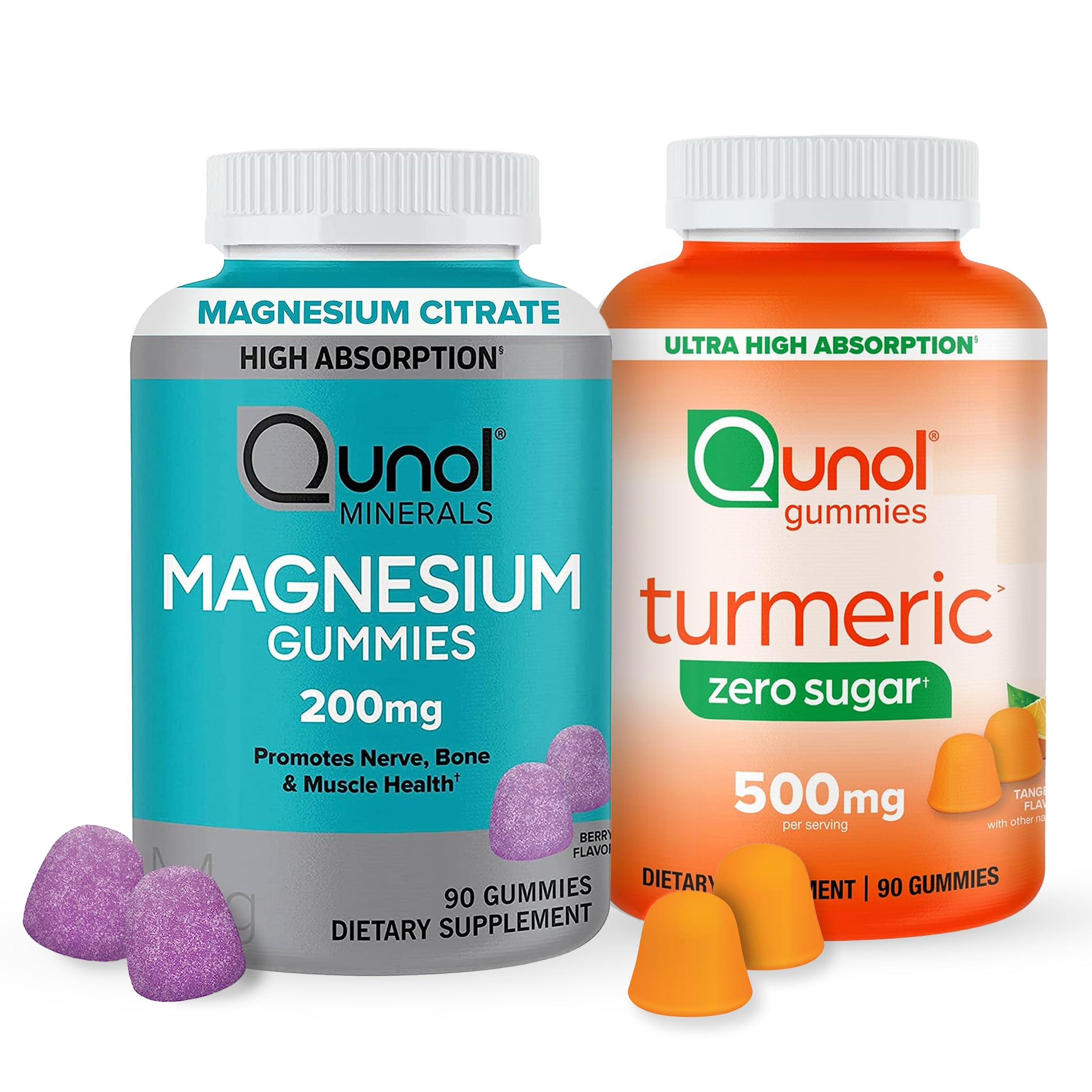 Qunol Zero Sugar Turmeric Gummies, Vegetarian, Gluten Free, 500mg Magnesium Gummies 200mg, Vegetarian, 90 Count Berry & Tangerine 90 Count (Pack of 2)