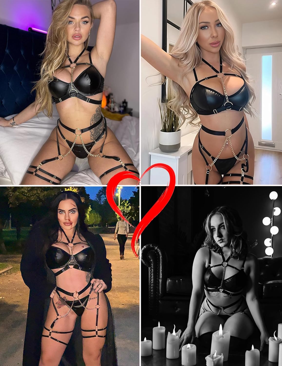 Avidlove Lingerie Set for Women Sexy Strappy 5 Piece Lingerie Garter with Underwire Push Up Bra and Chain - Image 3