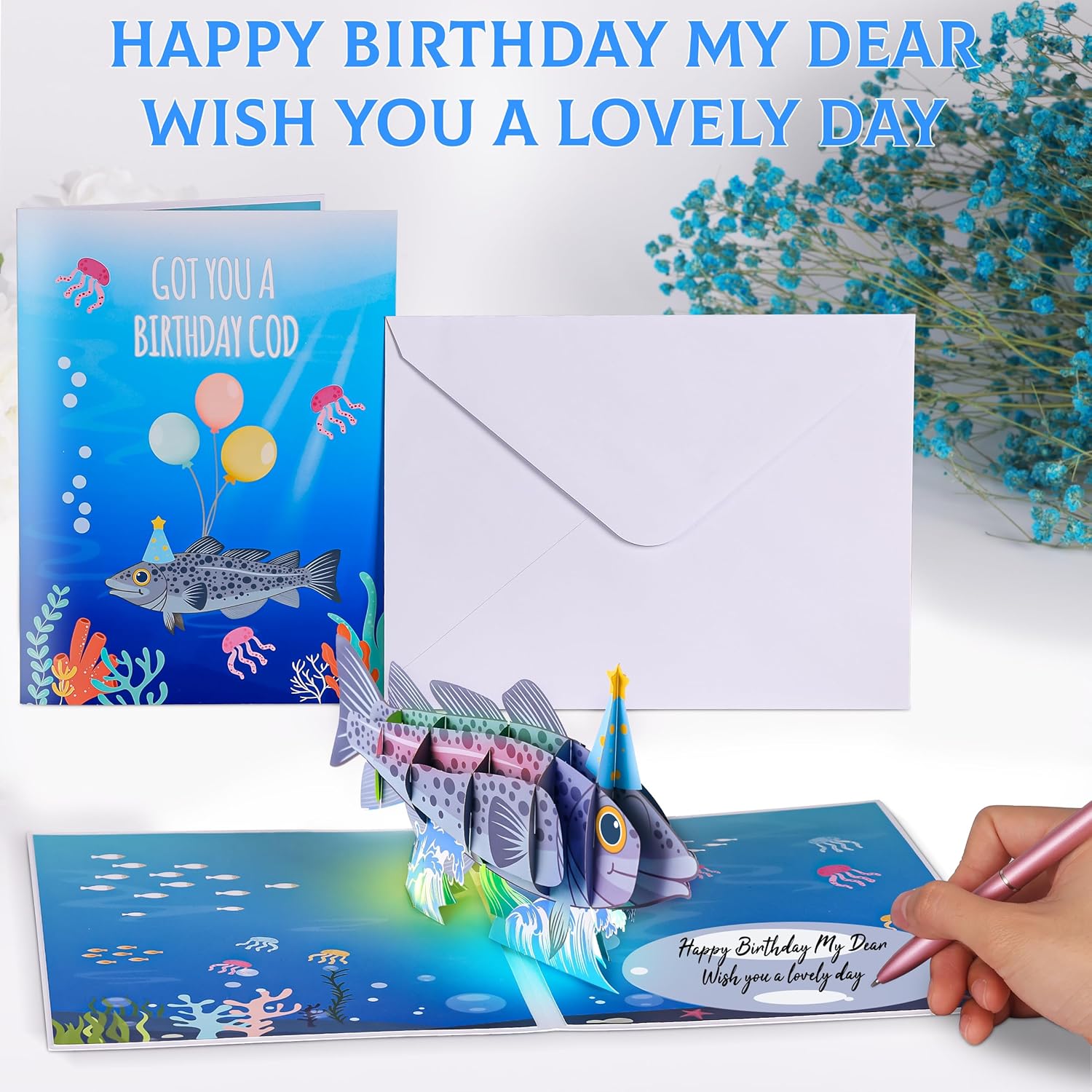 CUISH Funny Fish Themed 3D Pop Up Musical Birthday Cards For Men, Funny Greeting Card W/Lights and Happy Birthday Song for Dad, Men, Fisherman,Him, Husband, Grandpa - Image 7