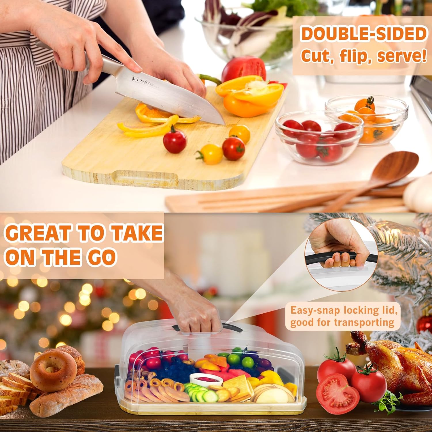 Portable Travel Charcuterie Board with Lid, Bamboo Cheese Charcuterie Board with Cover, Covered Traveling Charcuterie Board Box Gift Set Serving Tray To Go 6 Compartments for Party Beach Picnic Snack - Image 4