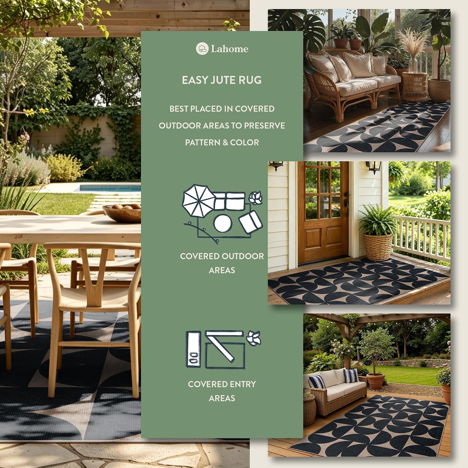 Lahome Semi Circle Easy Jute 3x5 Outdoor Rug, Washable Rugs for Entryway Porch Patio Indoor Outdoor Rug, Farmhouse Neutral Non Slip Black Door Carpet for Front Door