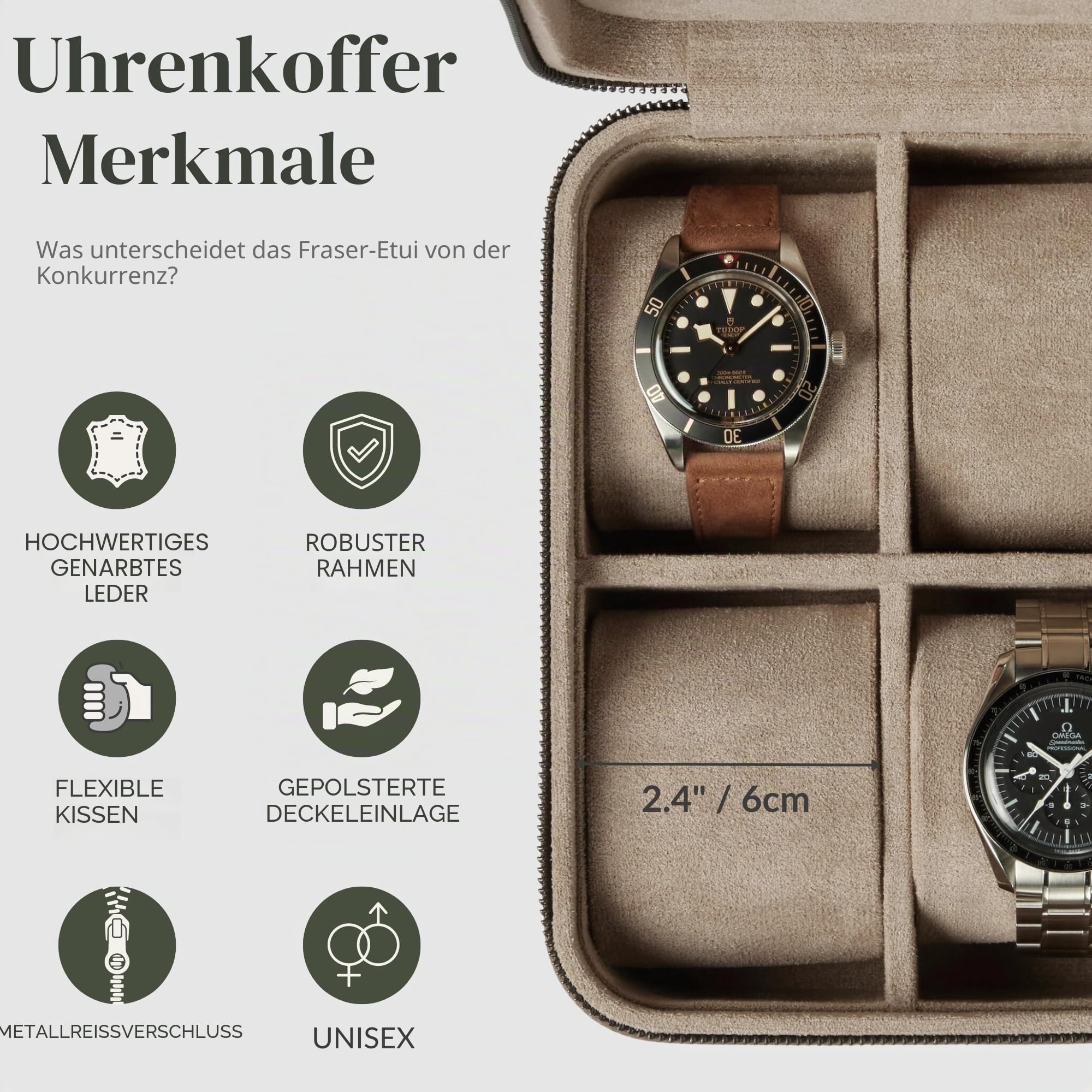 TAWBURY Leder-Uhrenbox mit 4 Fächern – Elegante und sichere Aufbewahrung für Ihre Uhren (Taupe)