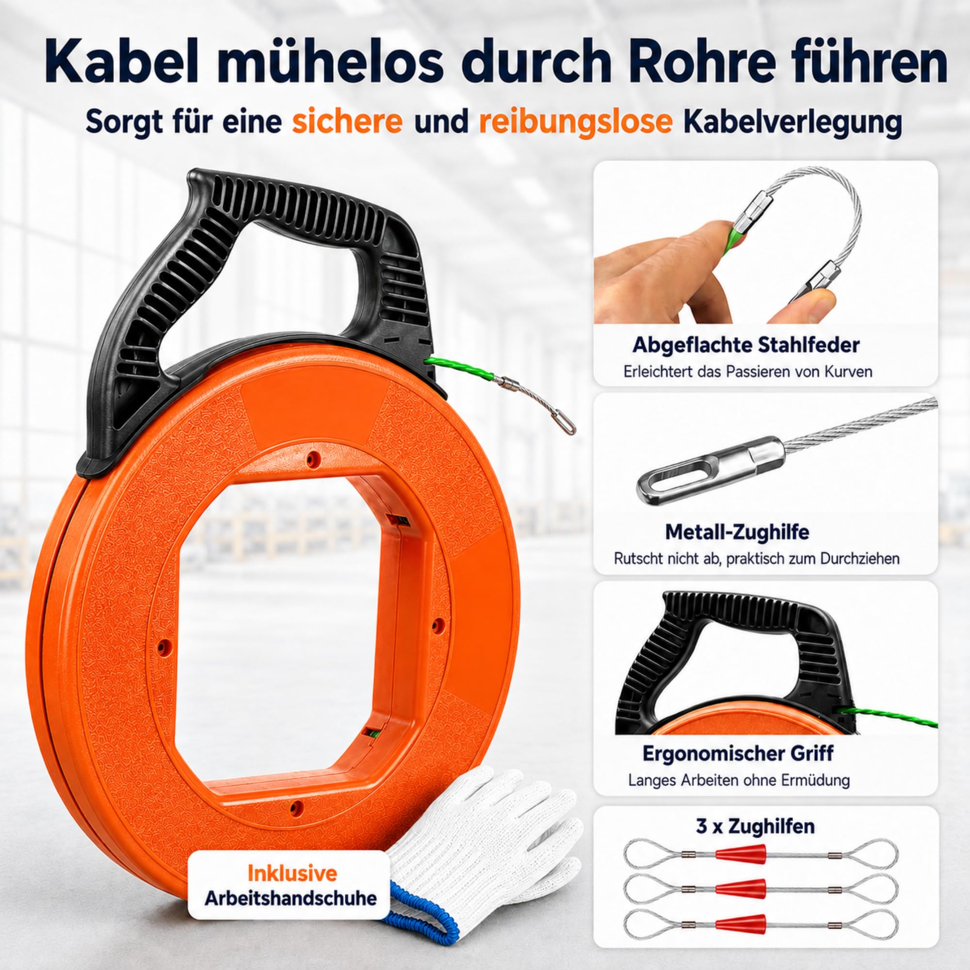 Aiguille tire-fil 30 m avec boîtier de rangement, tire-câble électrique