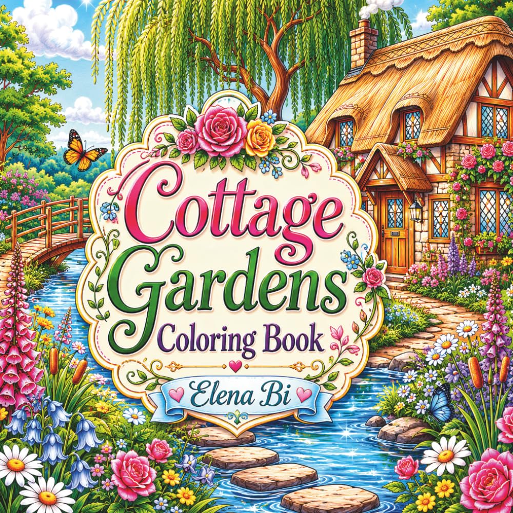 Cottage Gardens Coloring Book: Relax with Beautiful Cottage Garden Scenes—Every Coloring Page Includes a Full-Color Reference Version