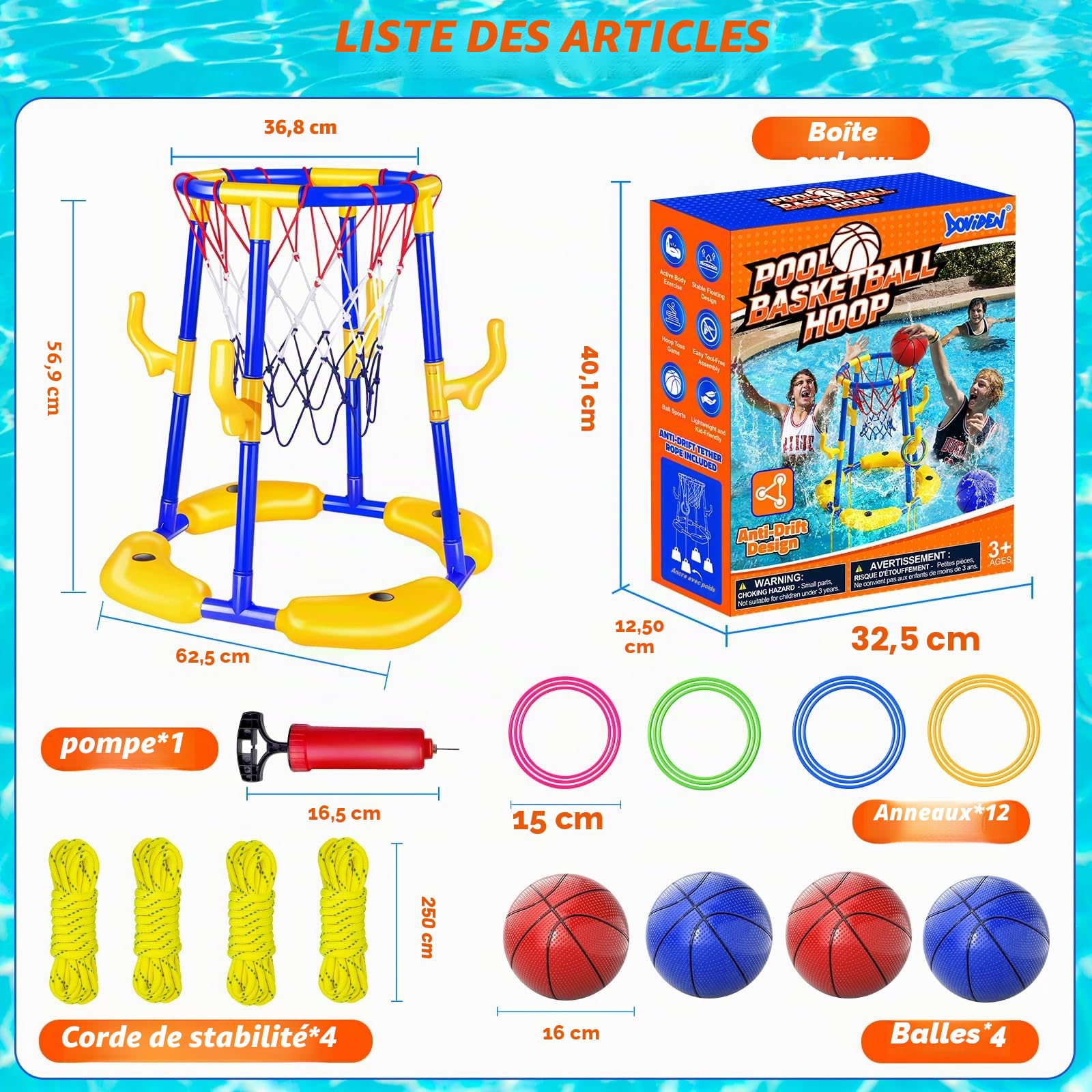 Ensemble de panier de basketball pour piscine_Panier de basketball flottant pour piscine avec 4 ballons d'eau, pompe et anneaux, jouet de piscine 2-en-1 pour adultes, adolescents et enfants