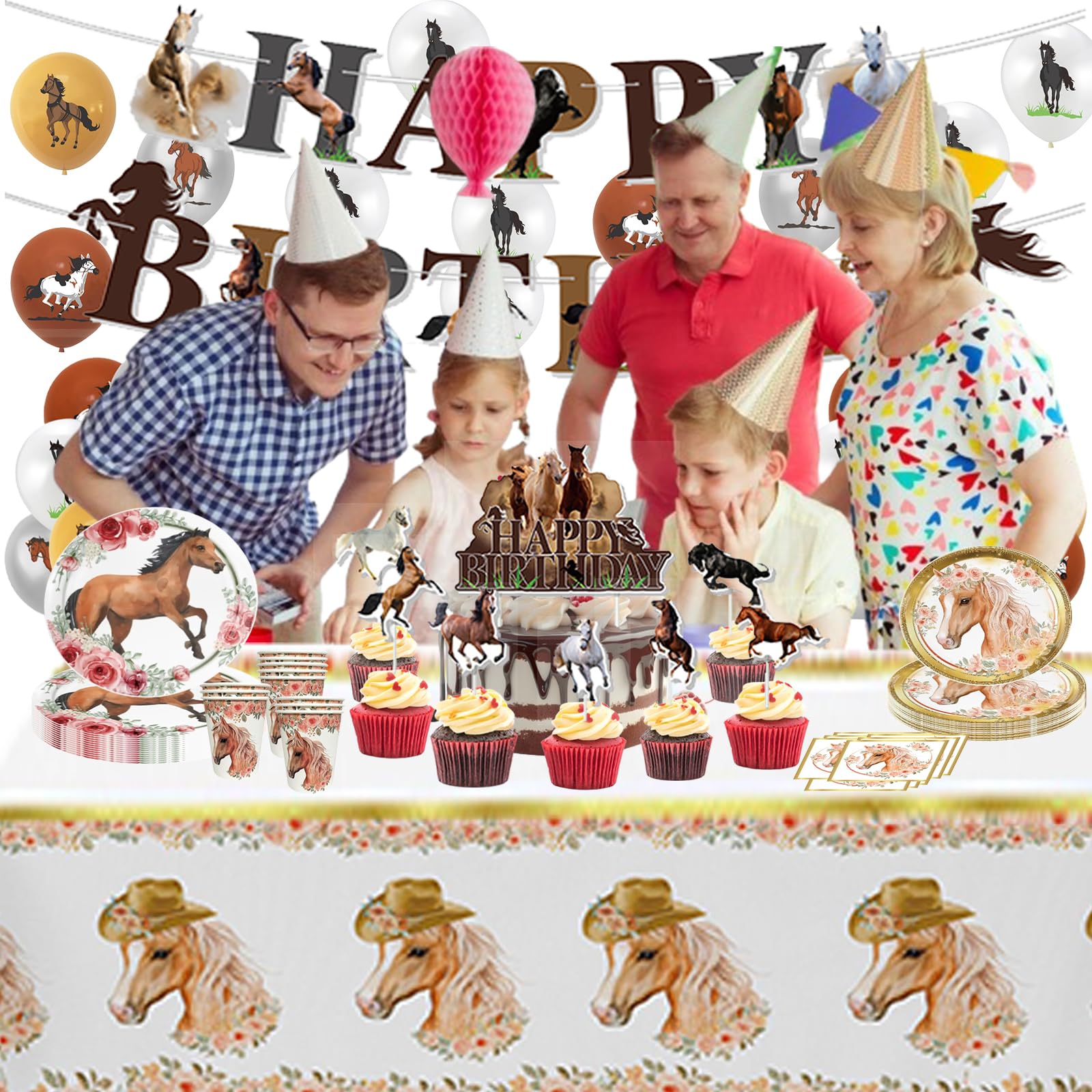 Pferde Geburtstagsdeko Set – Inkl. Banner, Tischdecke, Geschirr, Servietten, Geschenktüten & Cupcake-Topper