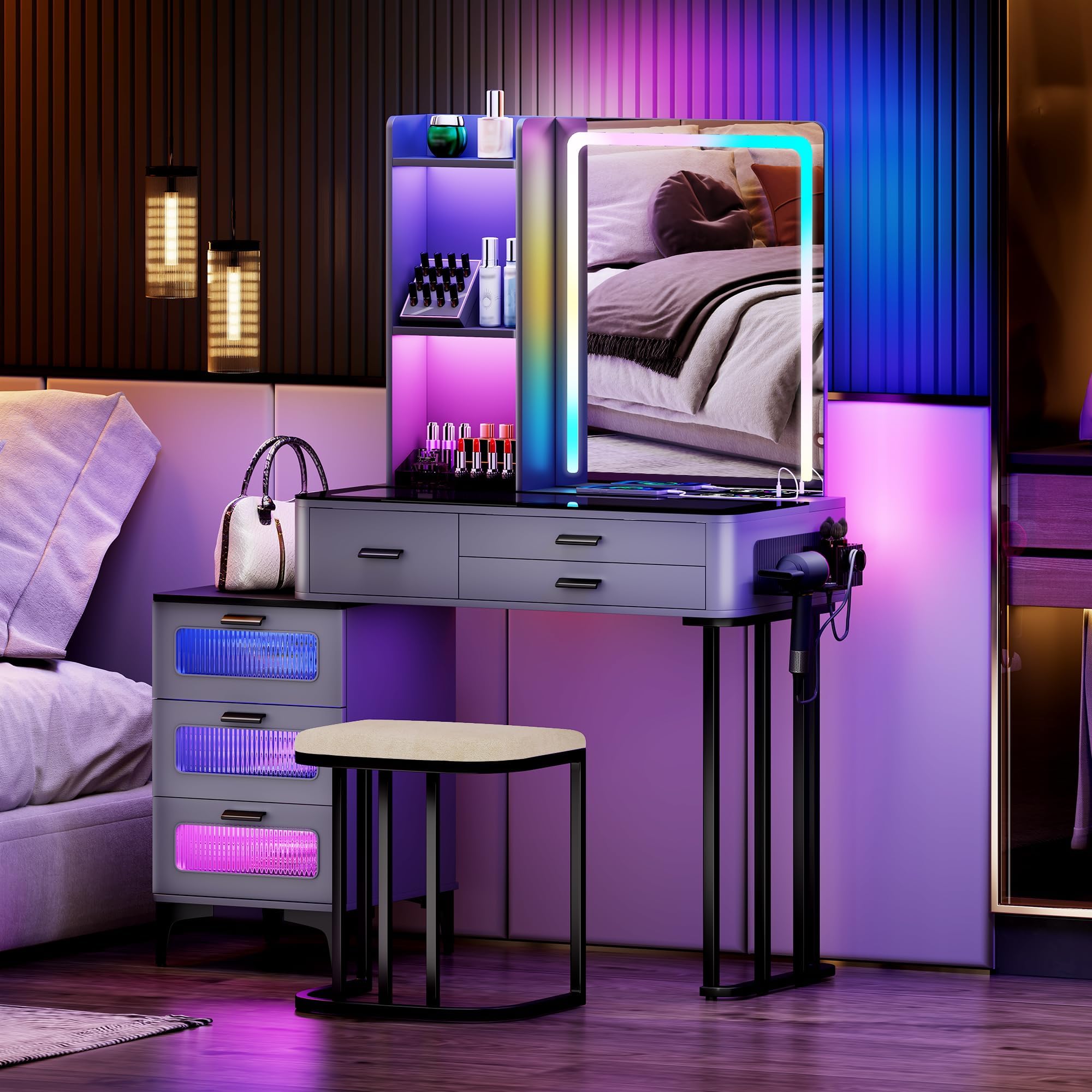 - Makeup Vanity Desk with Mirror Lights: Vanity Table with Wireless Charging Station Mobile Dressing Table with Glass Top Design & Hair Dryer Holder Girls Grey Vanity Gift for Bedroom