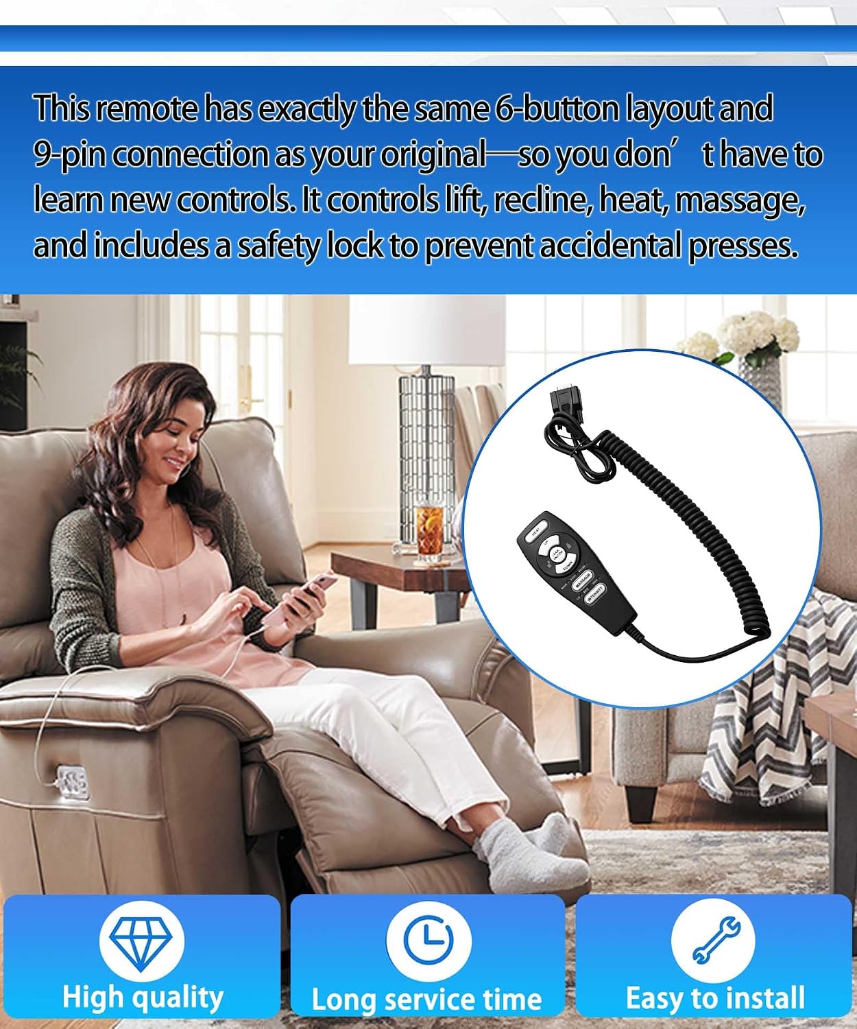 HC-2802 Power Recliner Hand Control Replacement - 9-Pin 6-Button Remote for Raffel Systems, Heat, Massage, Safety Lock, Black