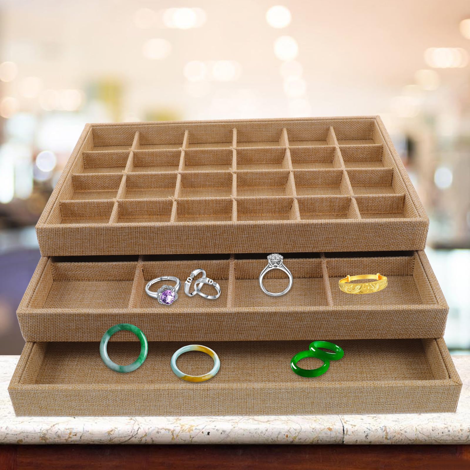 Bandejas Apilables para Joyas 3 Piezas de Lino Organizador de Joyería para Collares y Pulseras Caja de Exhibición Compartimentos para Pendientes y Accesorios Adecuado para