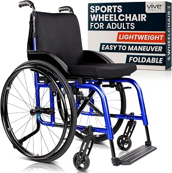 Vive Lightweight Manual Wheelchair - Narrow, Foldable Wheel Chair | Active Adults - Portable Transport, Small Compact & Folding - Collapsible for Travel - Fully Adjustable & Weighs Only 25 lbs