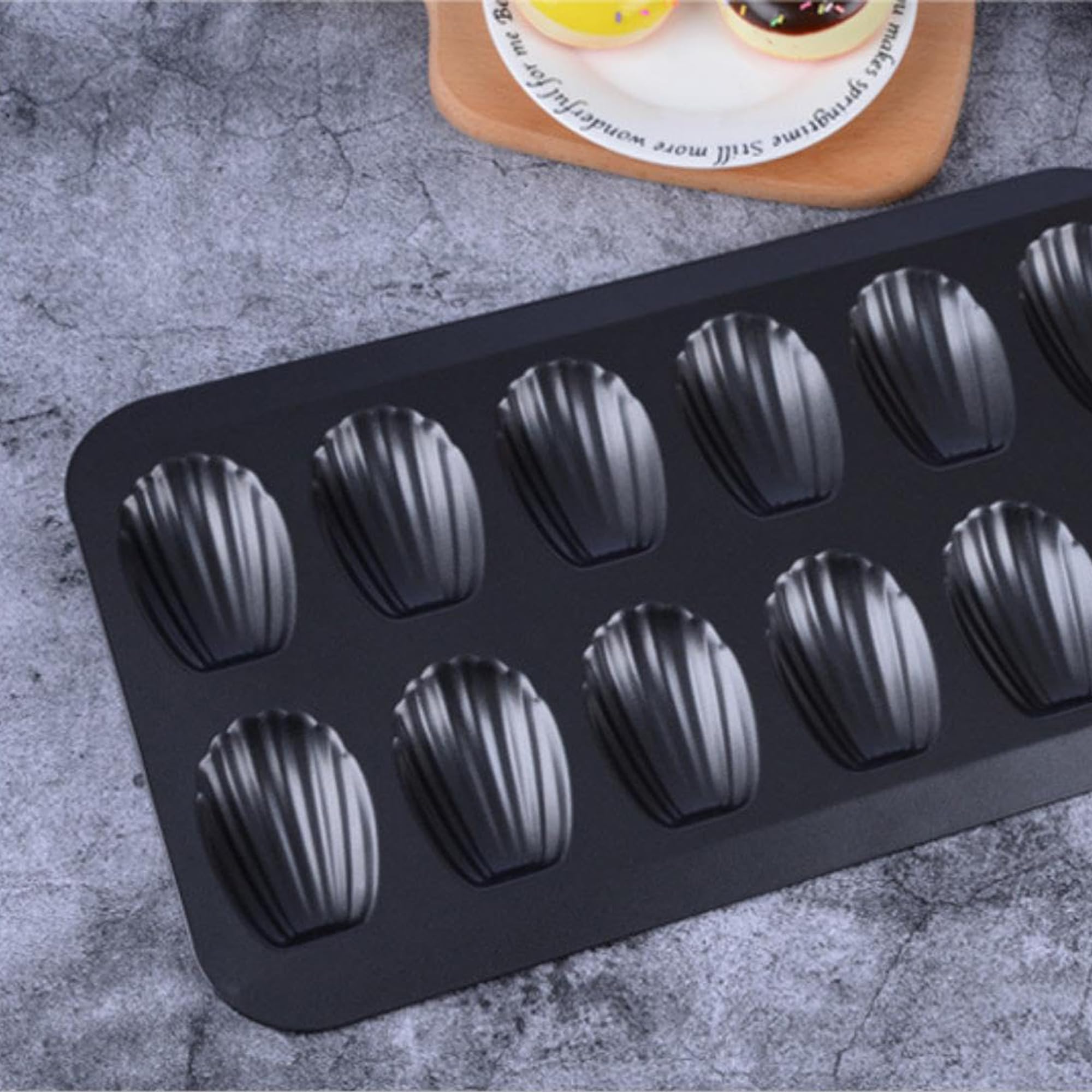 Myyaowl 2 Pack Madeleine Pans,12-Cavity Nonstick Shell Cake Molds for Baking, Heavy Duty Carbon Steel Madeleines Tray, Warp-Resistant Oven Bakeware, Black