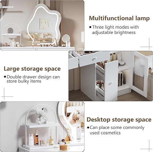 Miniatura 9 de PAKASEPT Escritorio de maquillaje con espejo y luces, mesa de maquillaje con mucho almacenamiento, 3 modos de iluminación, brillo ajustable, tocador