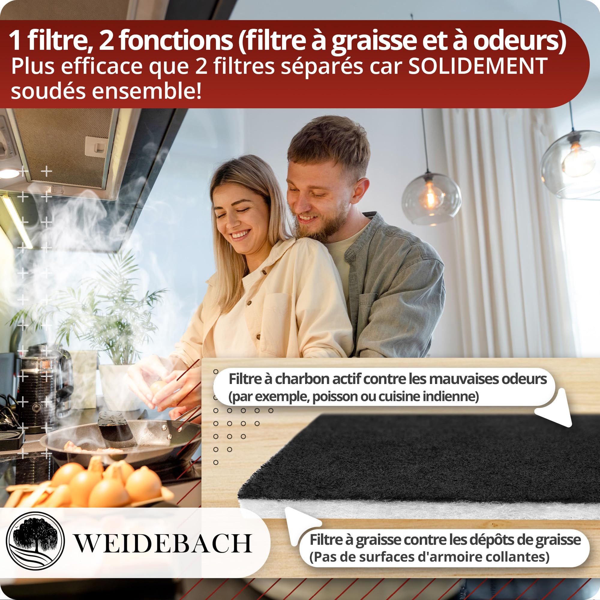 Weidebach® 2x Filtre Combi Hotte Aspirante Charbon Actif & Filtre À Graisse, 57x47 Cm [Peut Être Coupé Sur Mesure] – Env. 1,7cm D'épaisseur -, Filtre Combi Hotte Aspirante, Filtre Charbon Actif