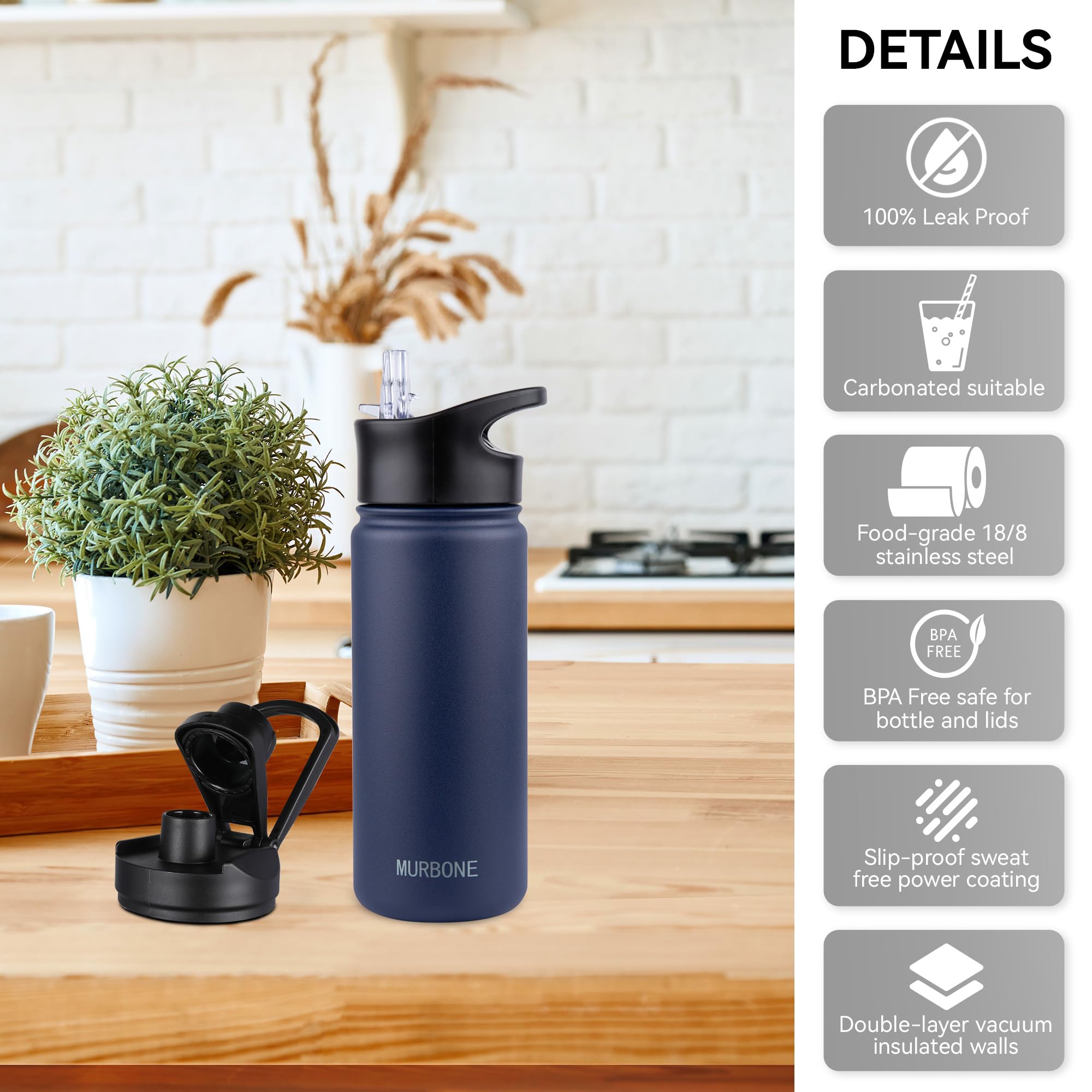 MURBONE Insulated Water Bottle, 500ml Stainless Steel Drink Flask with Straw, BPA Free - Image 4