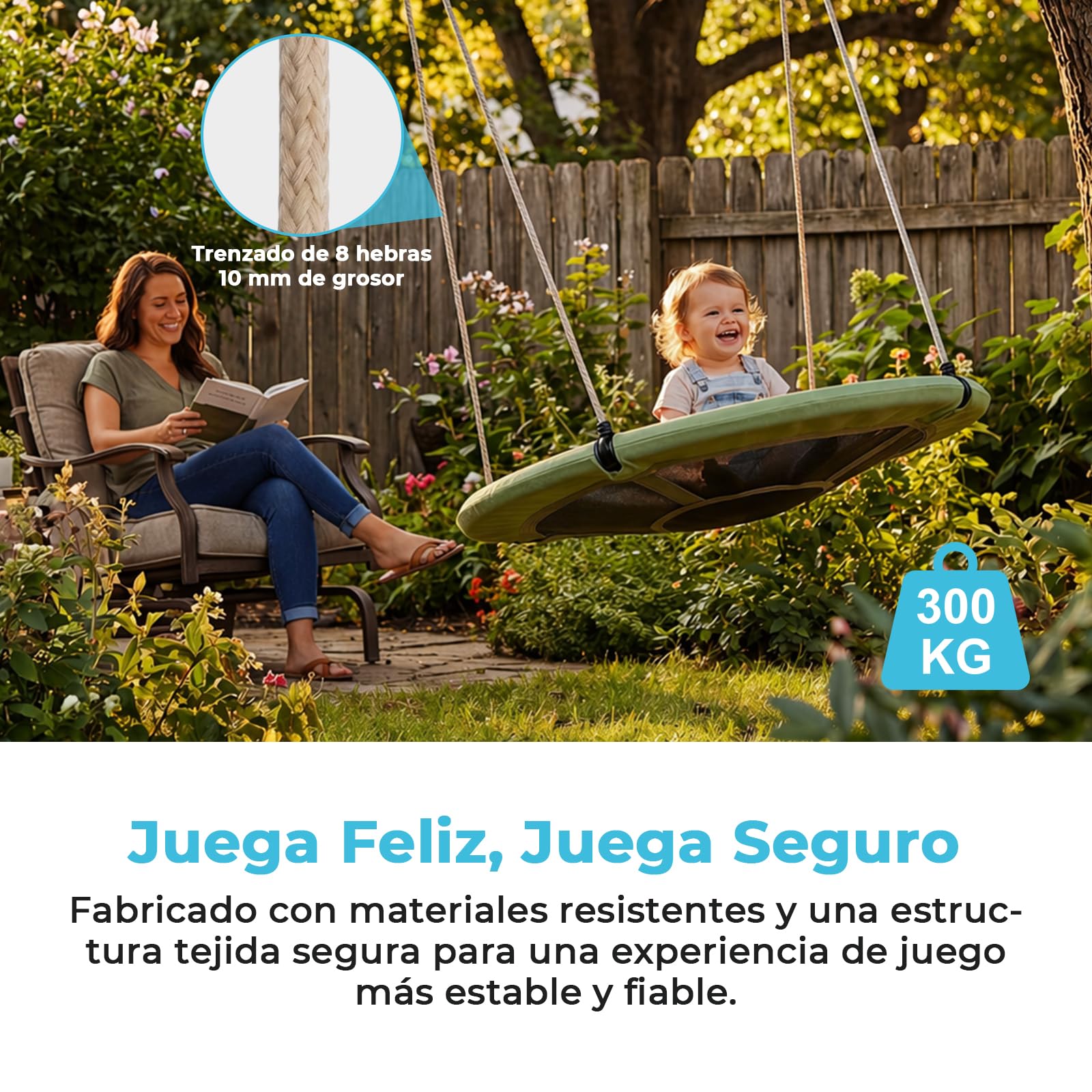 Nido de Columpio para Interior y Exterior, 120cm de Diámetro, Columpio Tipo Plato con Cuerdas Ajustables de 100 a 180cm, hasta 300kg, Resistente a la Intemperie, Columpio para Niños y Adultos