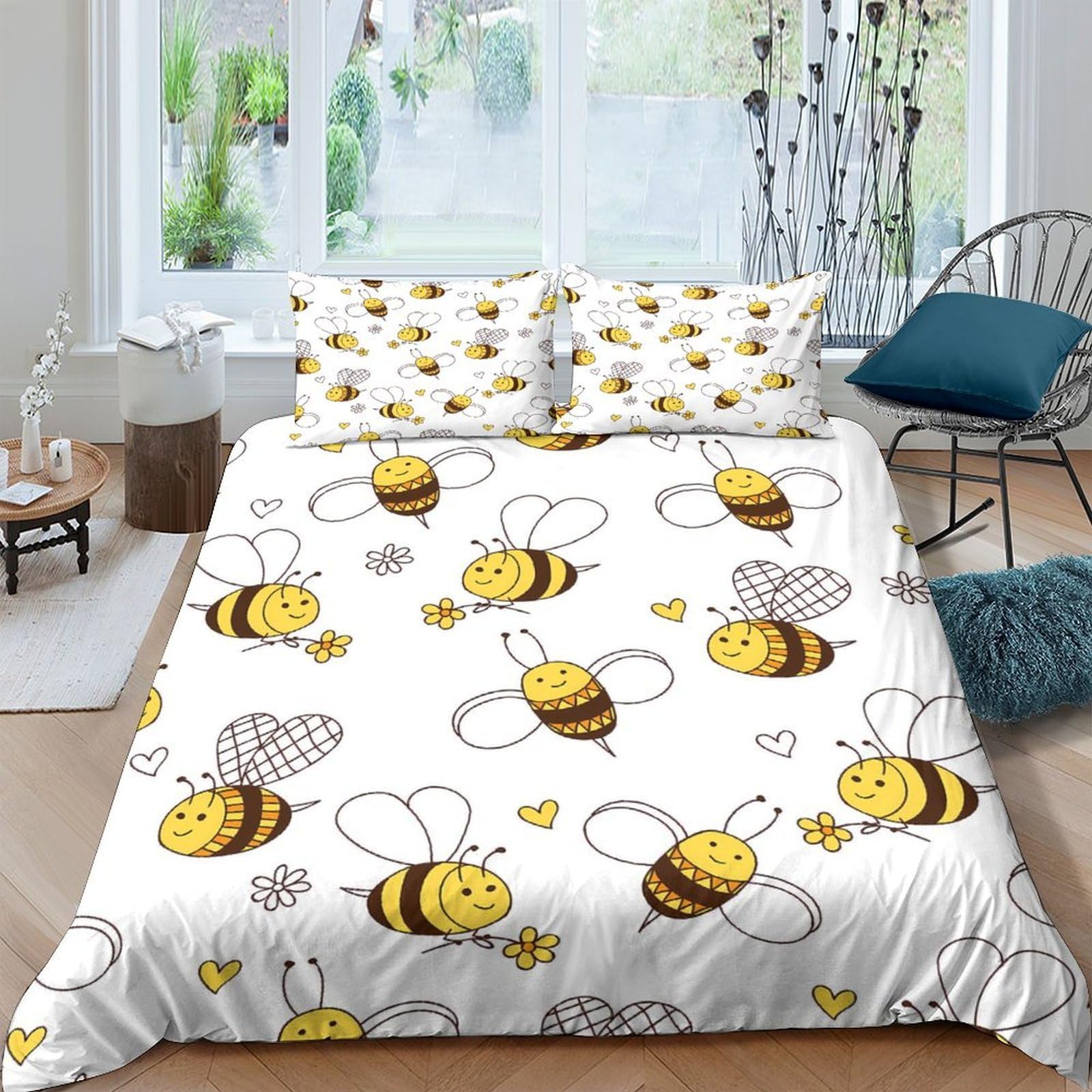 Ctjqhvkz Style-8 3D Printed Cartoon Bee Fitted Sheet Microfiber Soft Anti-Slip Yellow Cute Bed Cover For Bedroom Guest Room Decor Single（135X200cm）