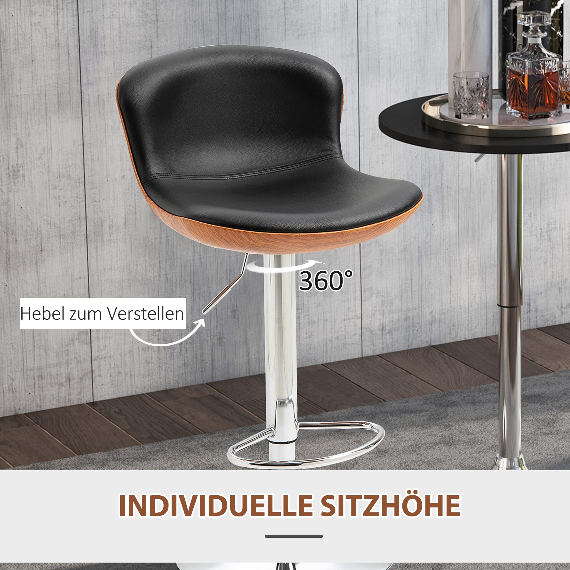 HOMCOM Set van 2 barkrukken, barstoel, barstoel, barkruk, bistrokruk, keukenkruk, draaistoel met rugleuning, voor keuken, eetkamer, kunstleer, grijs, 47 x 50 x 89-109 cm