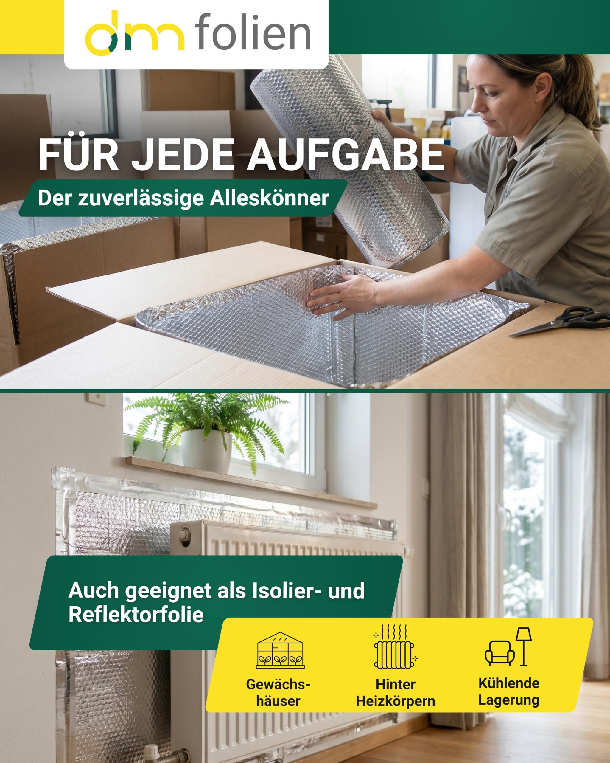 dm-folien Luftpolsterfolie alukaschiert I 120 cm x 50 m = 60 m² I 3-lagige & reißfeste Thermofolie I 250 my Isolierfolie für Modellbau, Flügeltaschen, Transport & Schutz empfindlicher Teile
