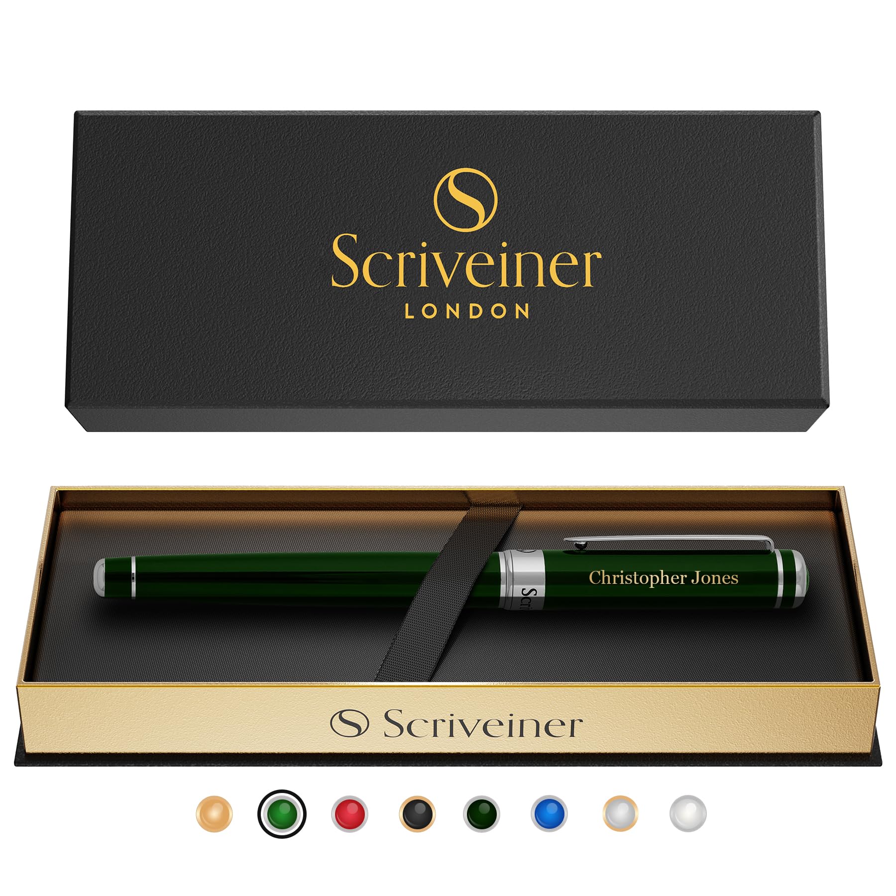 ScriveinerPersonalised British Racing Green Pen - Stunning Green Lacquer Luxury Pen with Chrome Finish, Schmidt Ink Refill, Best Engraved Roller Ball Gift Set for Men & Women, Custom Name Engravingn