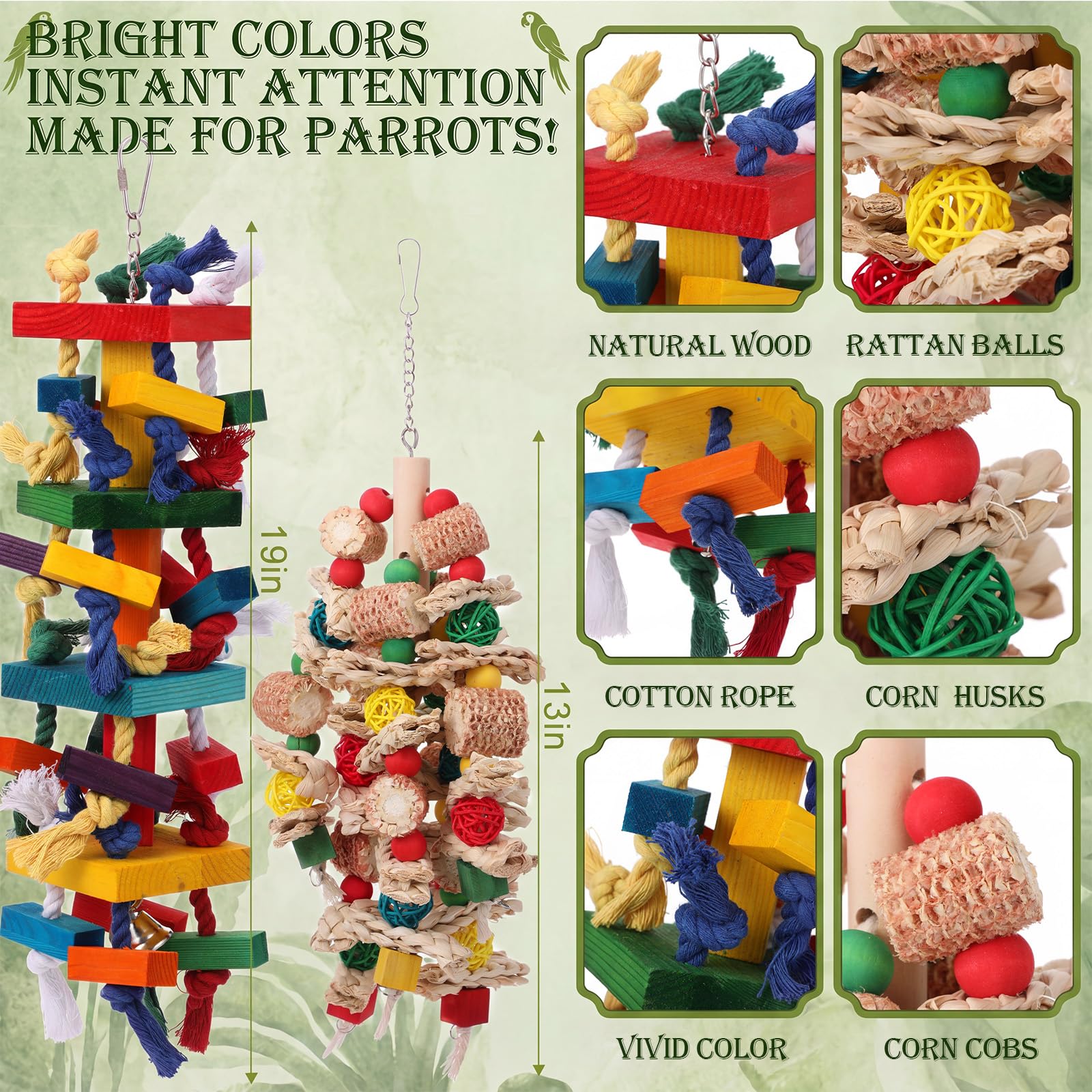 Soulchen 6 Stück extra großes Vogel-Papageienspielzeug-Set aus natürlichem Holz, Rattan-Ball, Holznuss, Luffa-Schnur (Beutel) für große Aras, afrikanisches Grau, Amazonas-Papageien (Naturholz)