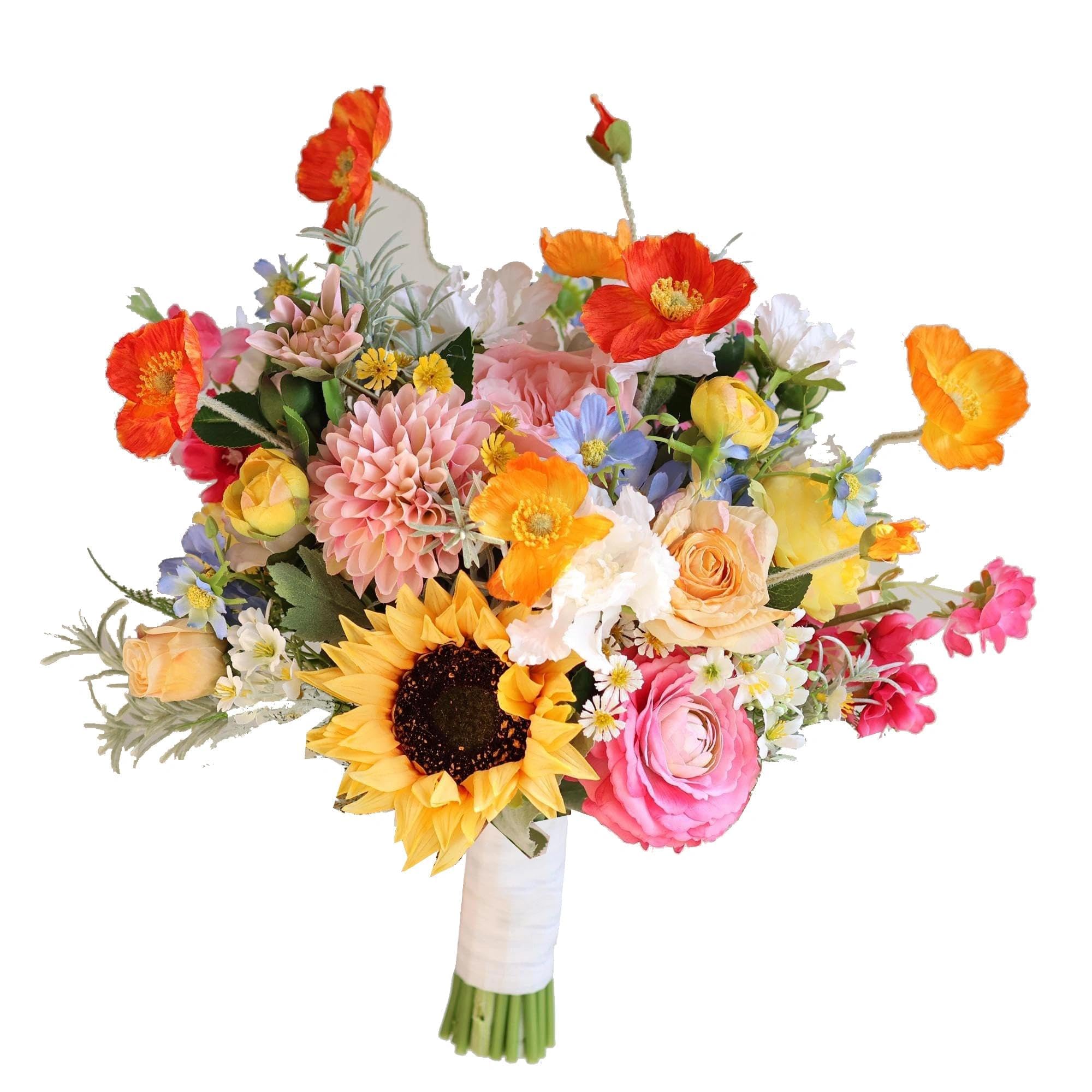 Photo 1 of 15 Inch Sunflower Wedding Bouquets for Bride, Colorful Orange Hot Pink Real Touch Faux Roses Flowers, Spring Summer Artificial Flowers, Bridal Bouquets for Wedding Ceremony Party Church Décor