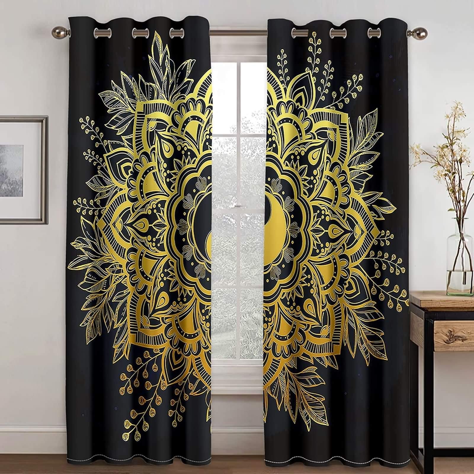 Rideaux occultants imprimé mandala noir jaune isolant thermique