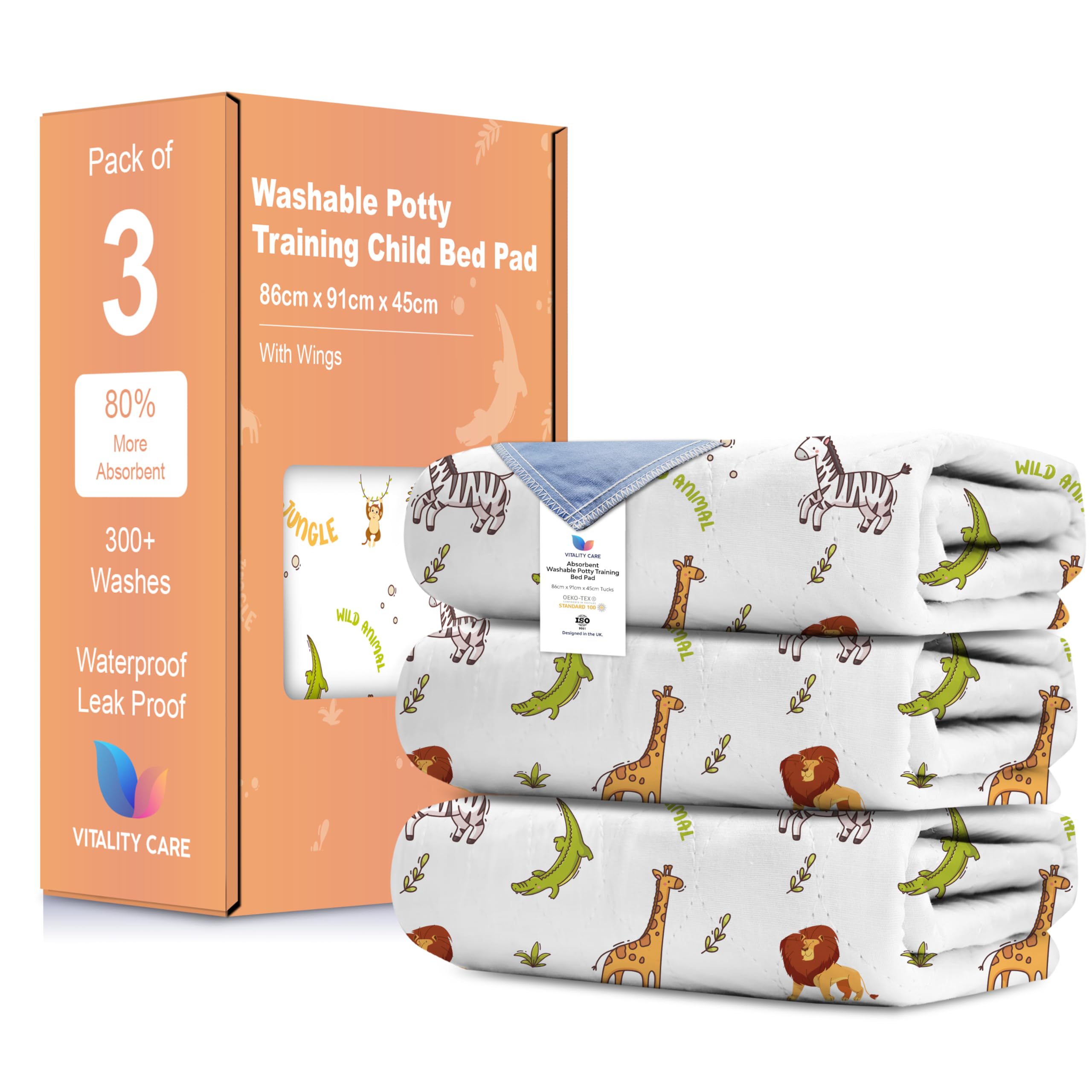 Vitality Care Animal Print Toddler Potty Training Bed Pads, Waterproof Mattress Protector With 5-Layer Absorbent Design, Non-Slip Washable, 86 X 91 Cm,
