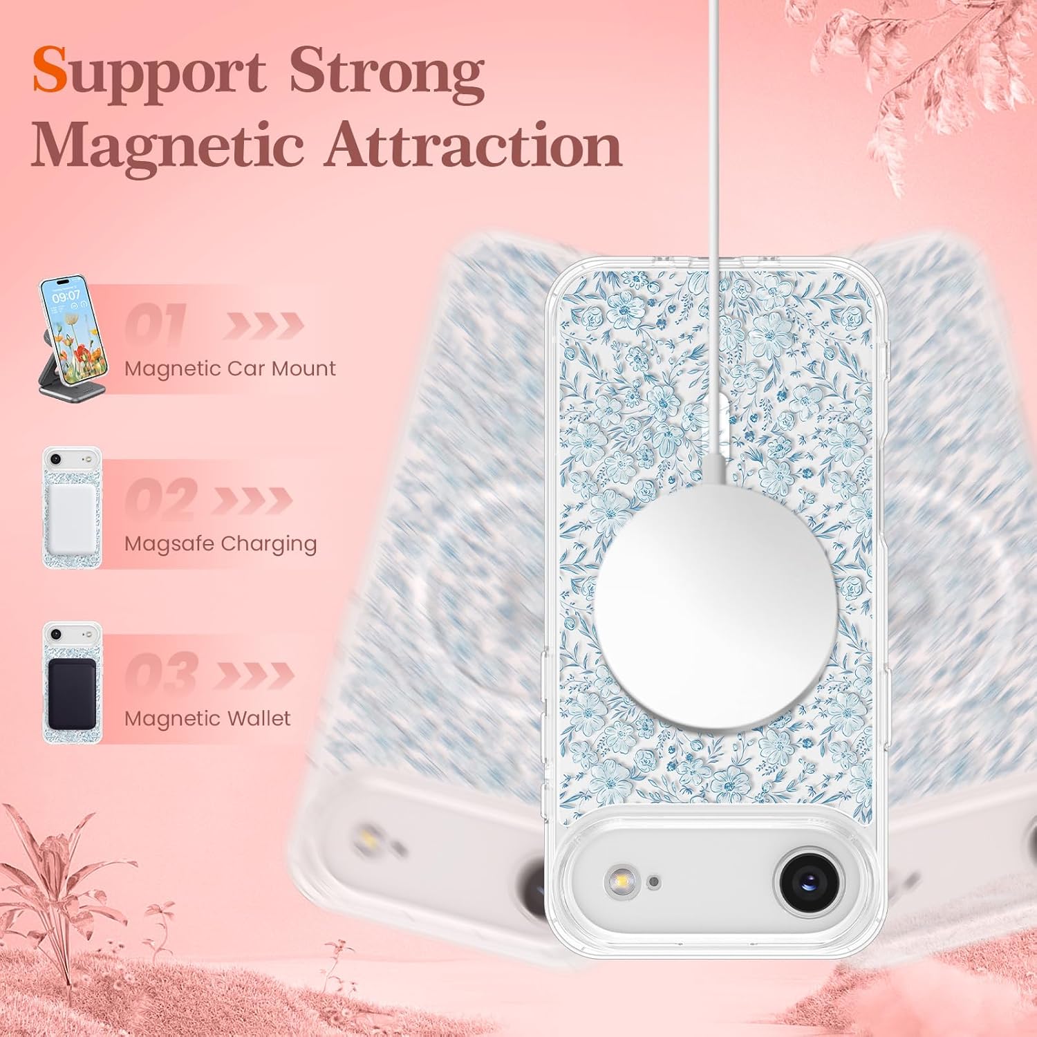 RALEAVO for iPhone Air Case Compatible with MagSafe Clear Floral Pattern Design Cute for Girls Women Slim Magnetic Hard Back Shockproof Phone Case for iPhone Air,Blue Flowers - Image 5