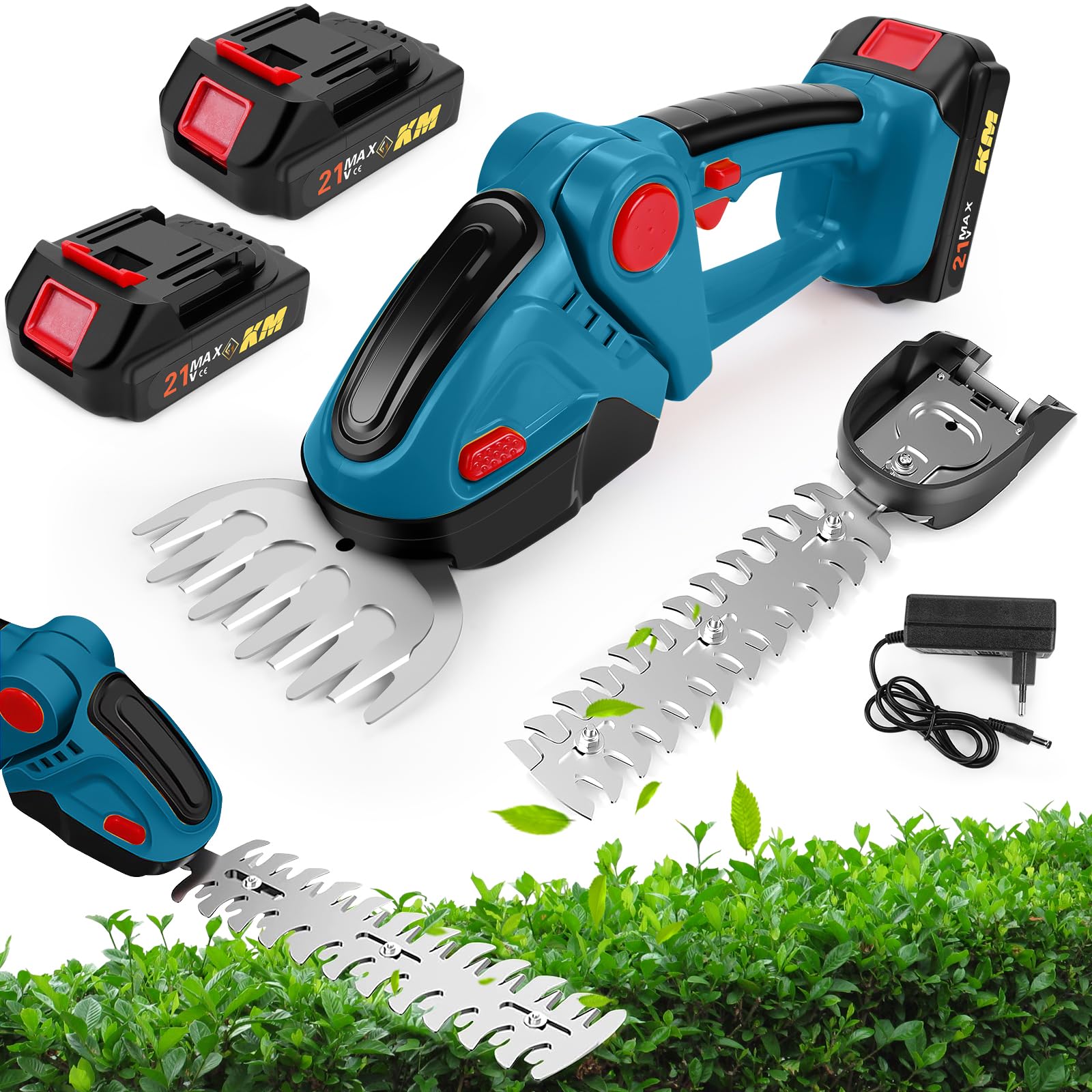 Taille-haie Electrique sans Fil 24V, 2 en 1 Taille Haie et Cisaille à Gazon avec 2x1500mAh Batterie, 100mm+300mm Lames