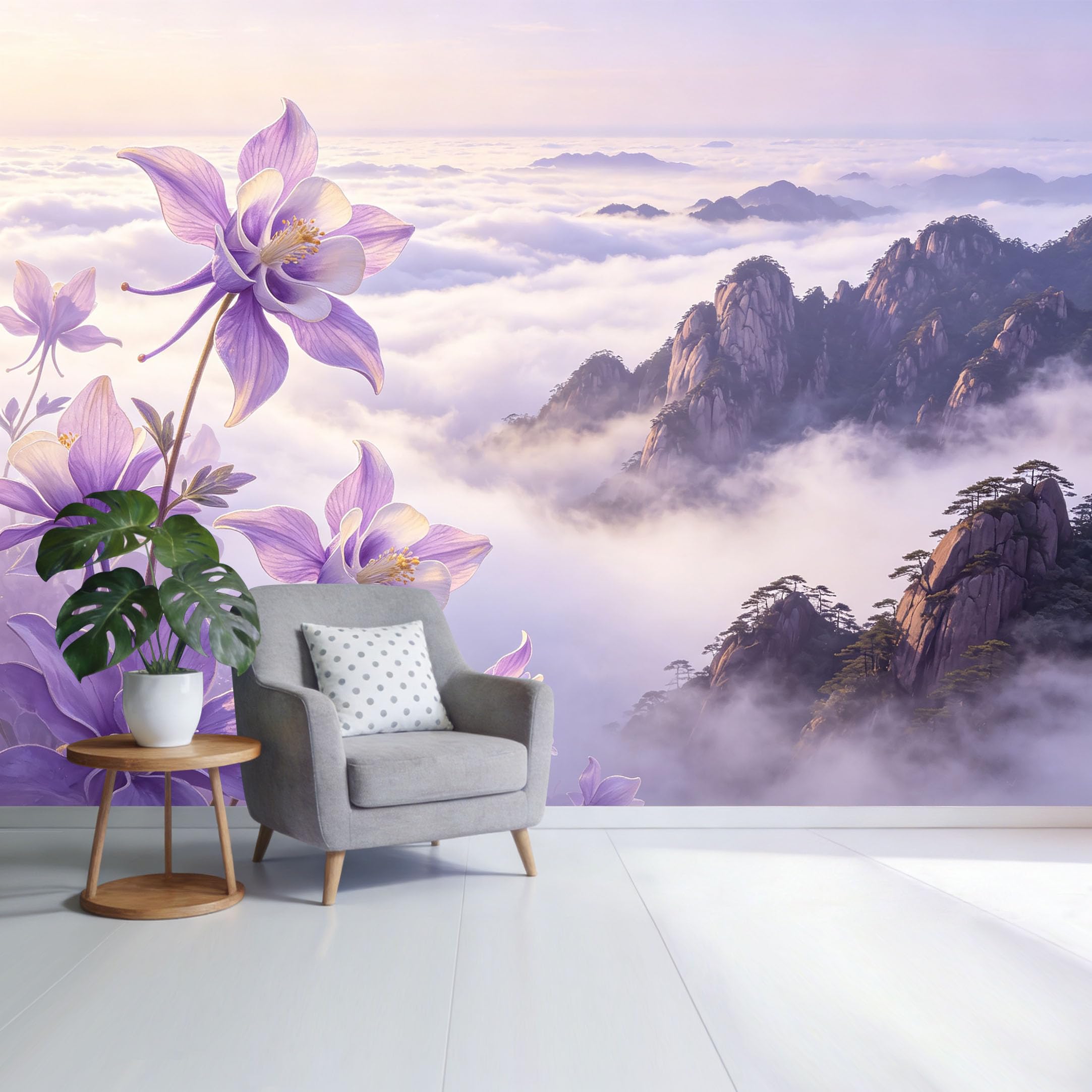 Custom Size Wall Mural Purple Mountain Landscape Floral Mist Watercolor Nature Scenery SelfAdhesive Wall Fabric Removable Wallpaper for Home Office Decor