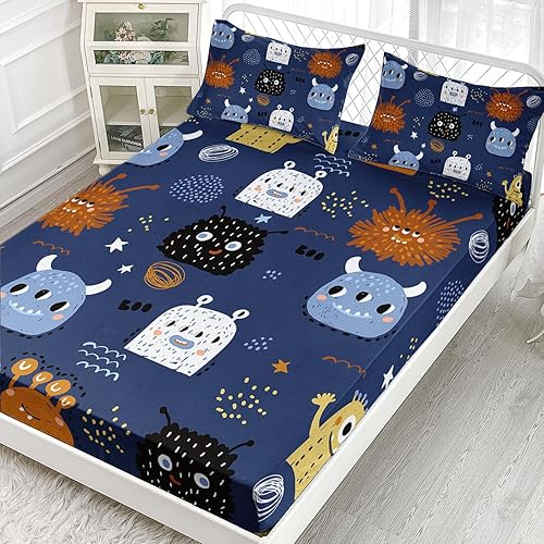 Miniatura 2 de AILONEN Juego de sábanas bajeras de monstruos tamaño individual, juego de sábanas con estampado de monstruos de dibujos animados, sábanas para