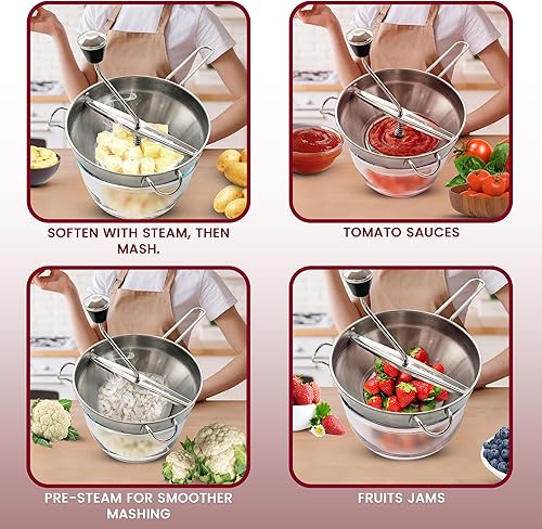 Miniatura 4 de Molinillo de alimentos con 3 discos de molienda, tazón y mango de fresado, molinillo de comida de acero inoxidable seguro, molinillo de alimentos