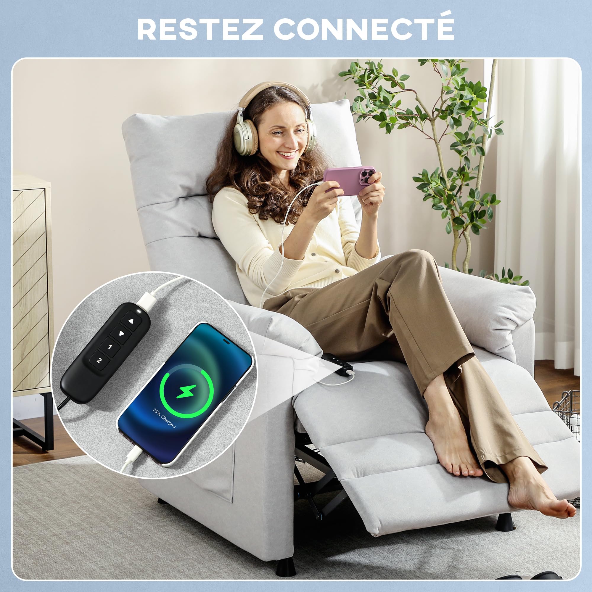 HOMCOM Elektrischer Massage-Heiz-Sessel Samt Hellgrau